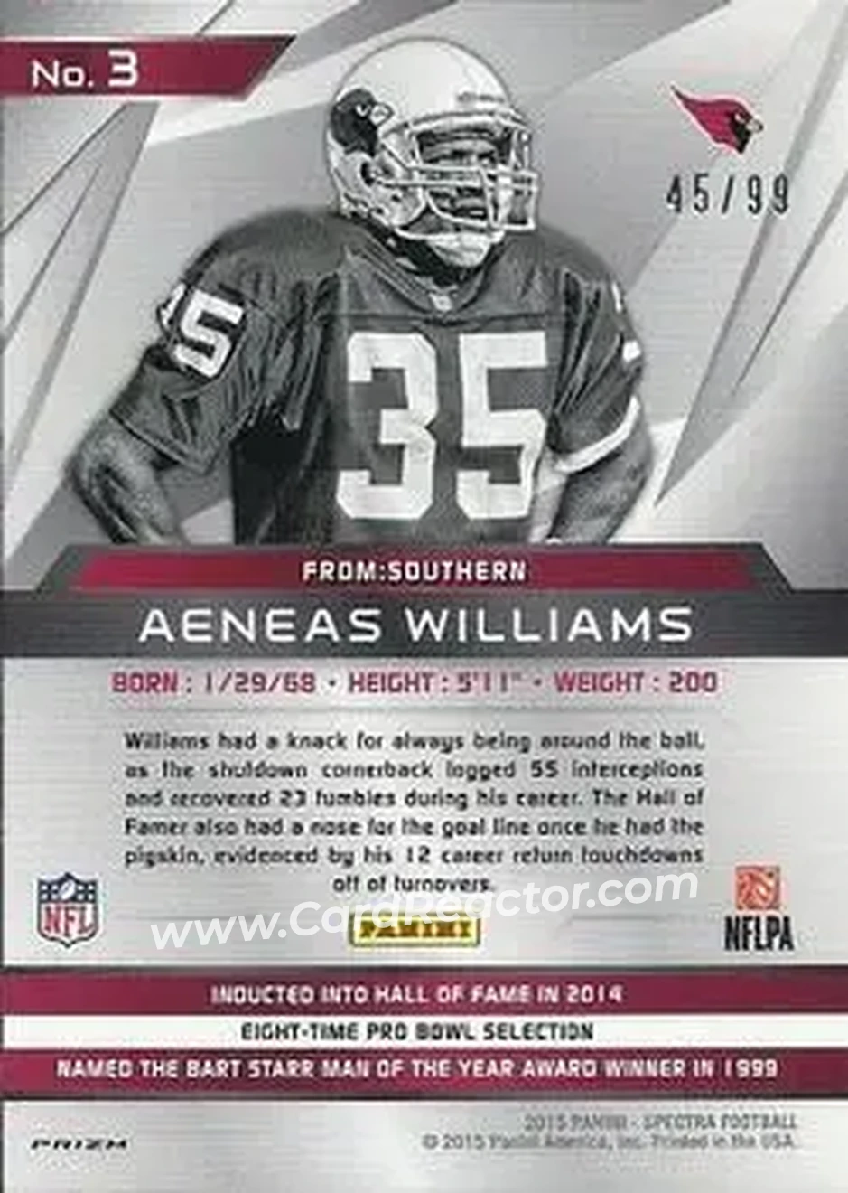 2015 Panini Spectra #3 - Aeneas Williams - Arizona Cardinals - Back