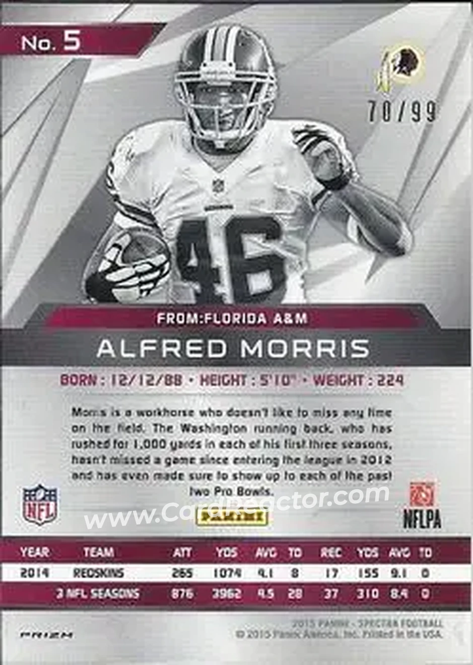 2015 Panini Spectra #5 - Alfred Morris - Washington Redskins - Back