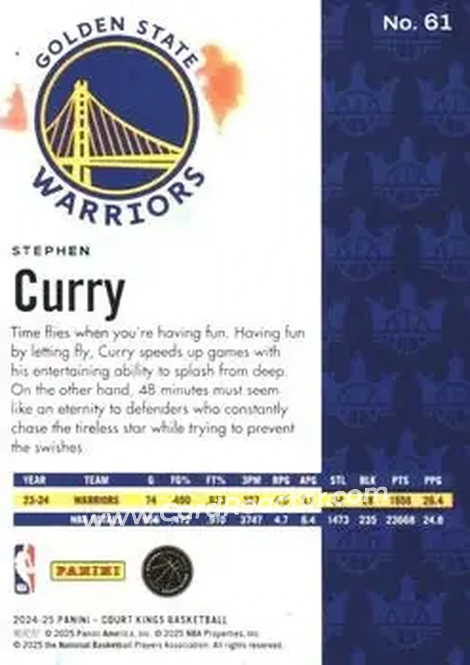 2024-25 Panini Court Kings #61 - Stephen Curry - Golden State Warriors - Back