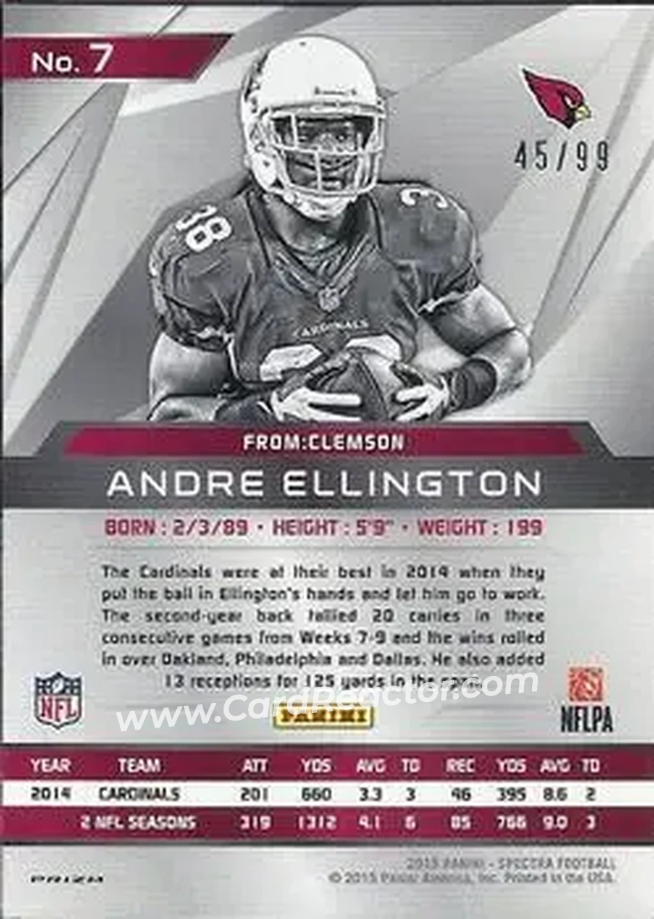 2015 Panini Spectra #7 - Andre Ellington - Arizona Cardinals - Back
