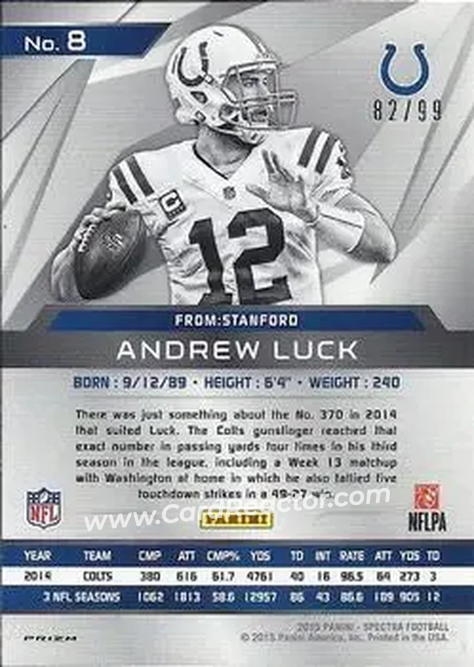 2015 Panini Spectra #8a - Andrew Luck - Indianapolis Colts - Back 2015 Panini Spectra #8a - Andrew Luck - Indianapolis Colts - Back