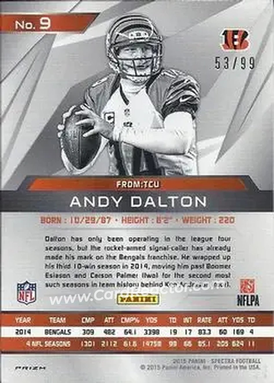 2015 Panini Spectra #9 - Andy Dalton - Cincinnati Bengals - Back