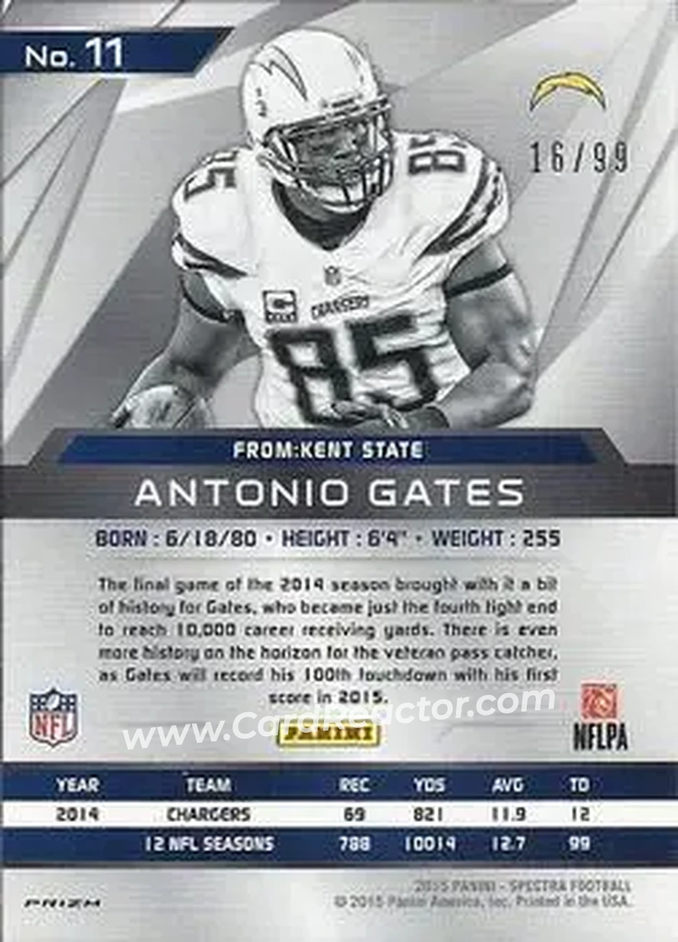 2015 Panini Spectra #11 - Antonio Gates - San Diego Chargers - Back