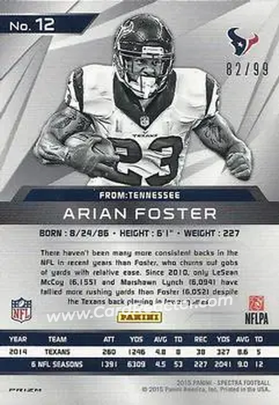 2015 Panini Spectra #12 - Arian Foster - Houston Texans - Back