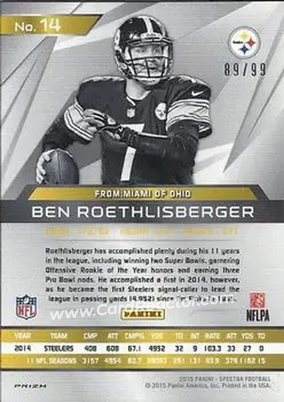 2015 Panini Spectra #14 - Ben Roethlisberger - Pittsburgh Steelers - Back