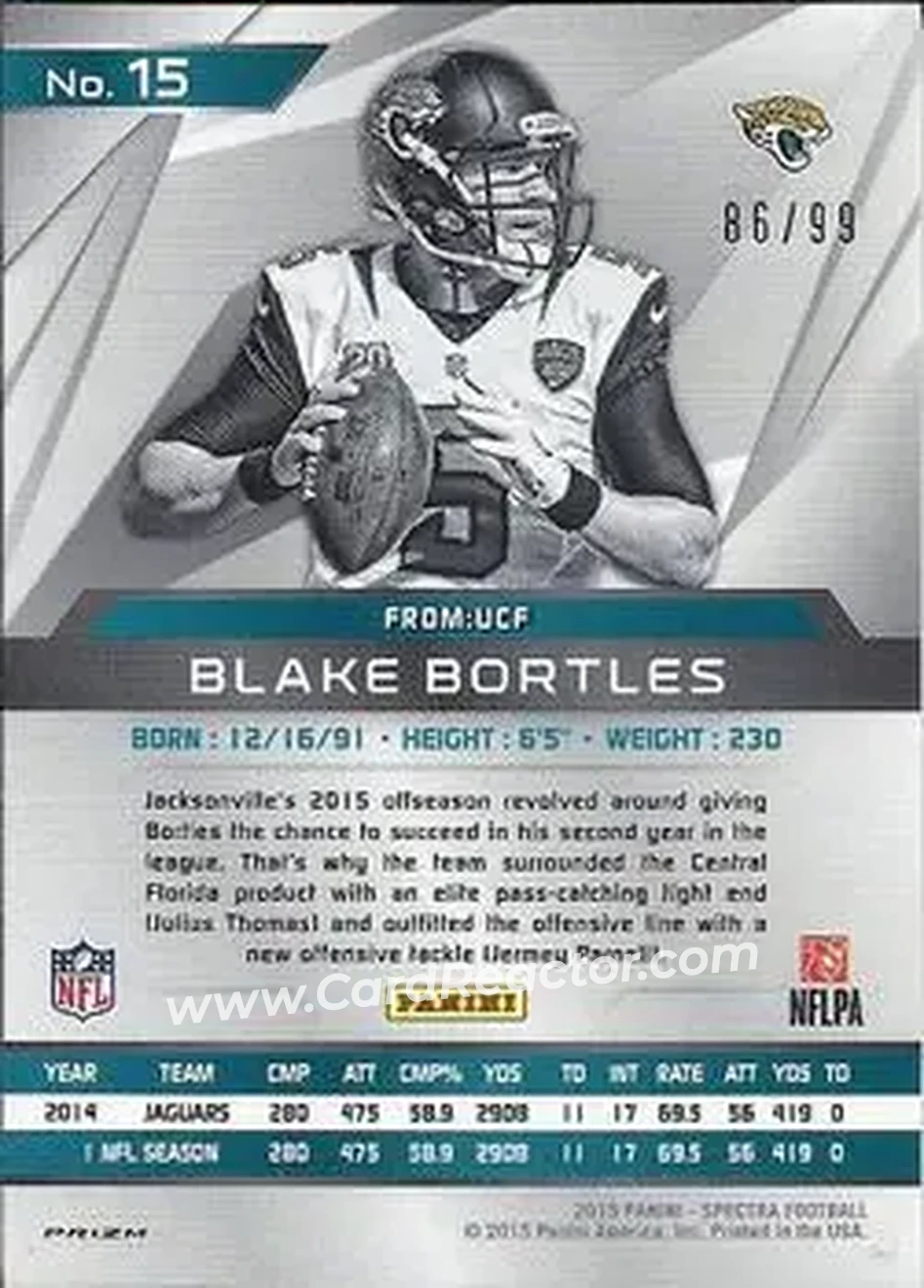 2015 Panini Spectra #15 - Blake Bortles - Jacksonville Jaguars - Back