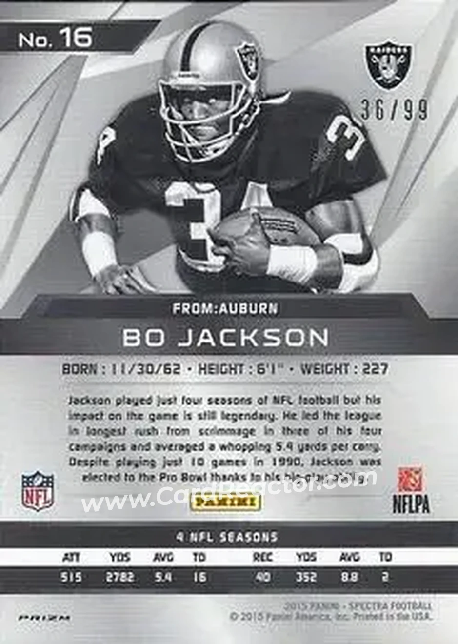 2015 Panini Spectra #16 - Bo Jackson - Los Angeles Raiders - Back