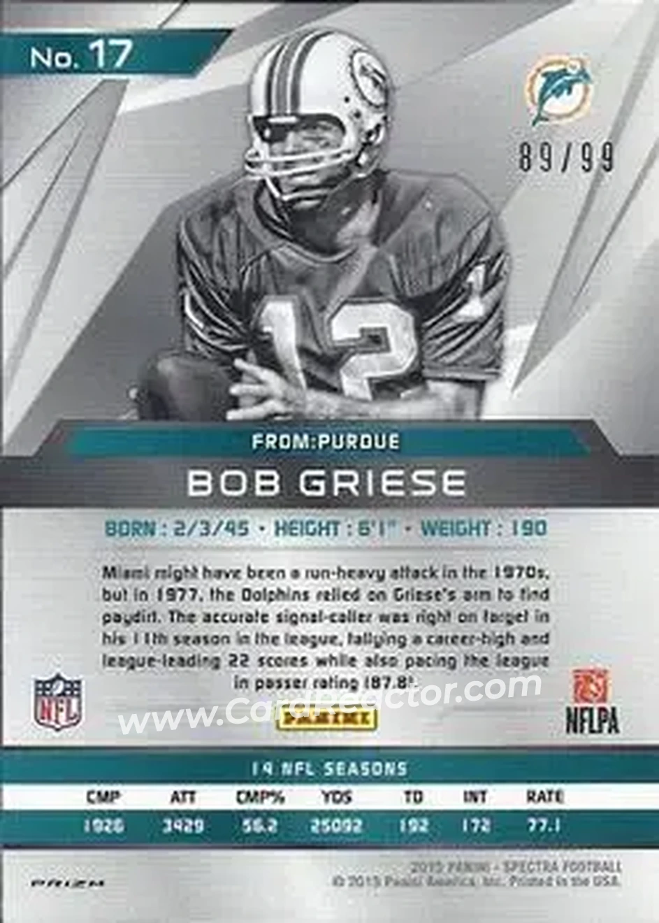2015 Panini Spectra #17 - Bob Griese - Miami Dolphins - Back 2015 Panini Spectra #17 - Bob Griese - Miami Dolphins - Back