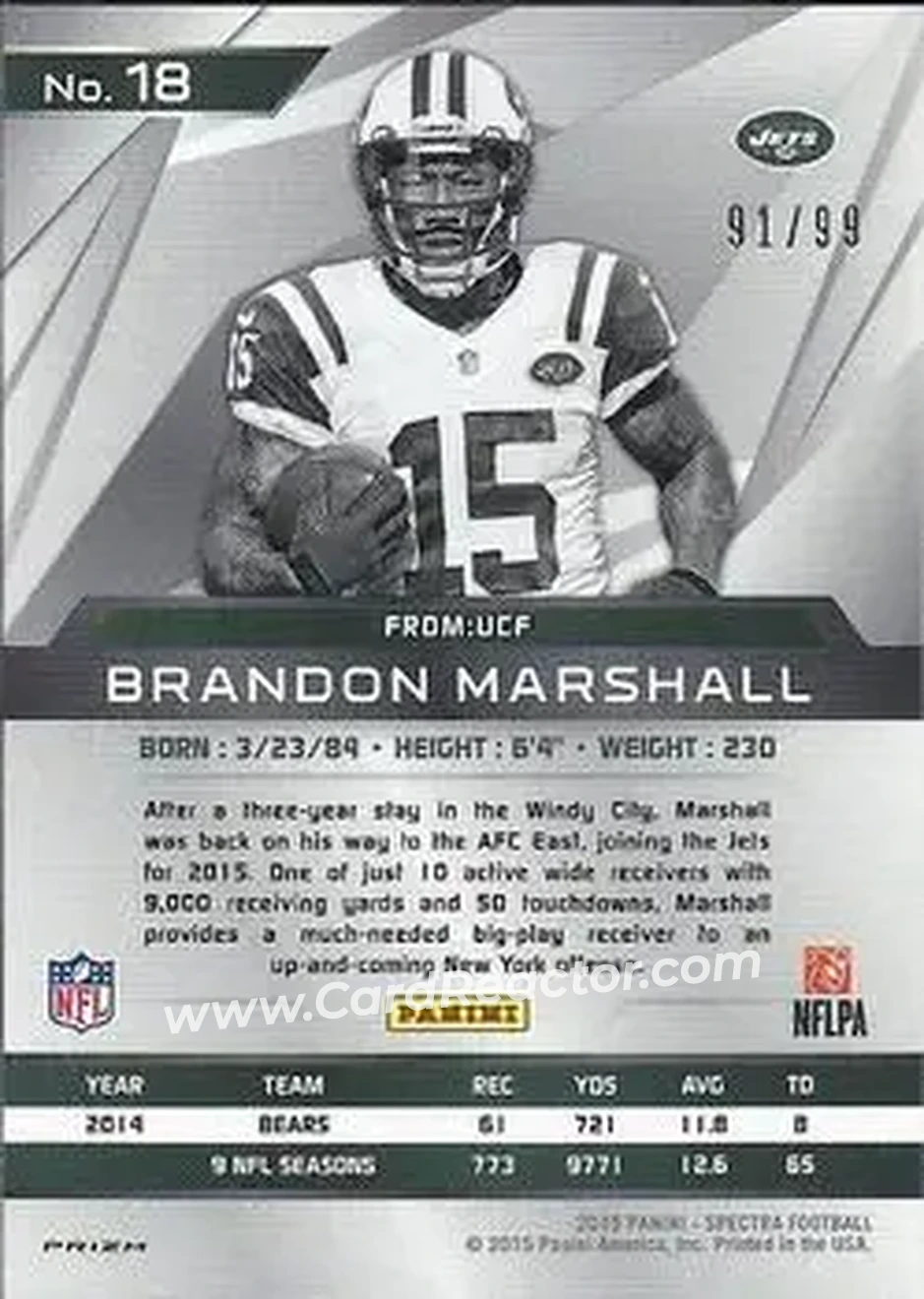 2015 Panini Spectra #18 - Brandon Marshall - New York Jets - Back