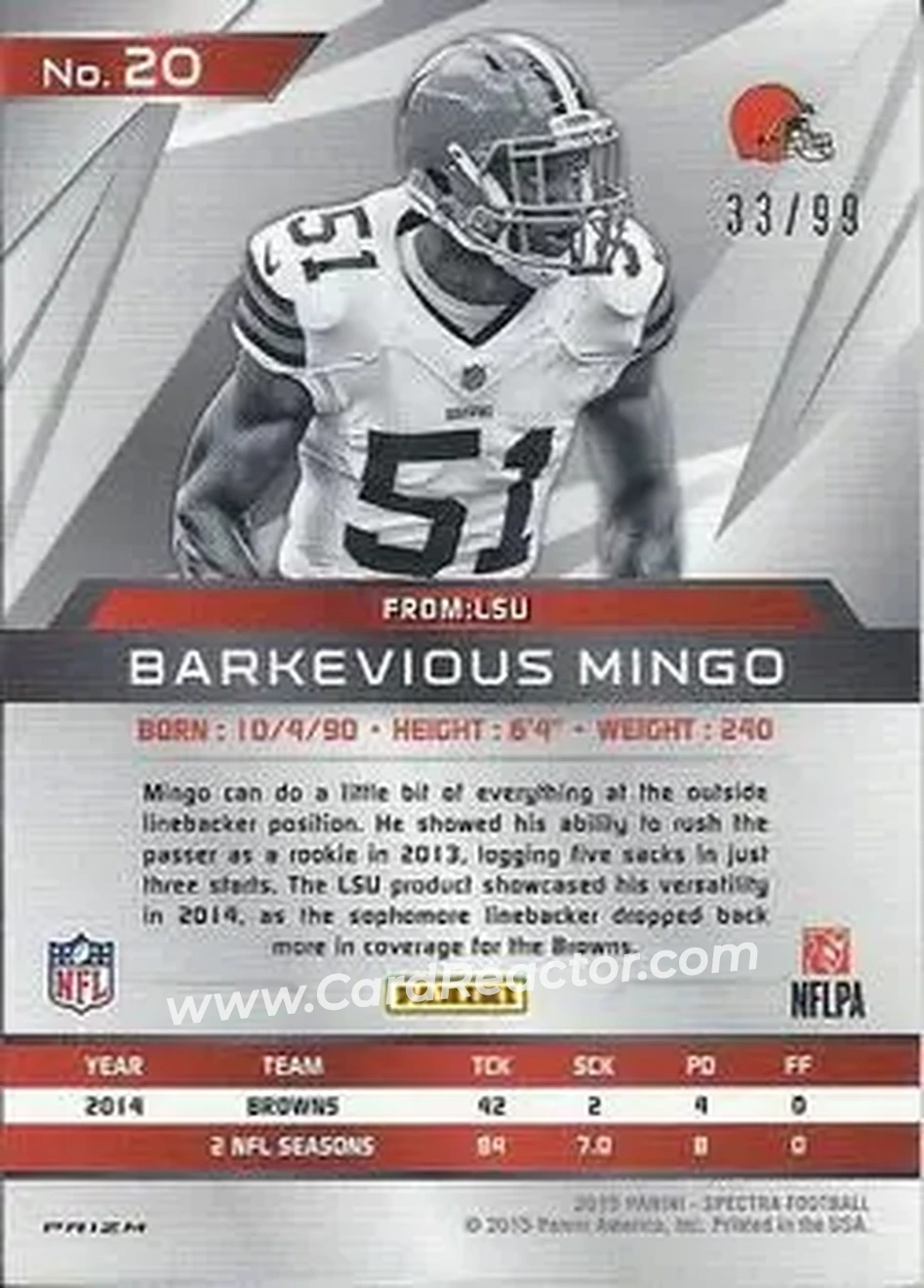 2015 Panini Spectra #20 - Barkevious Mingo - Cleveland Browns - Back