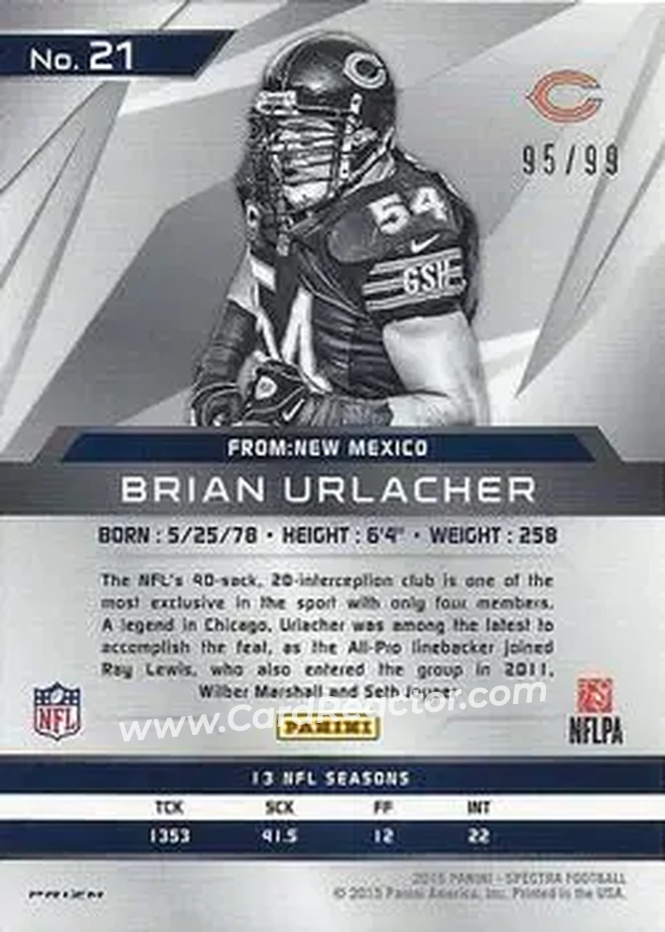2015 Panini Spectra #21 - Brian Urlacher - Chicago Bears - Back