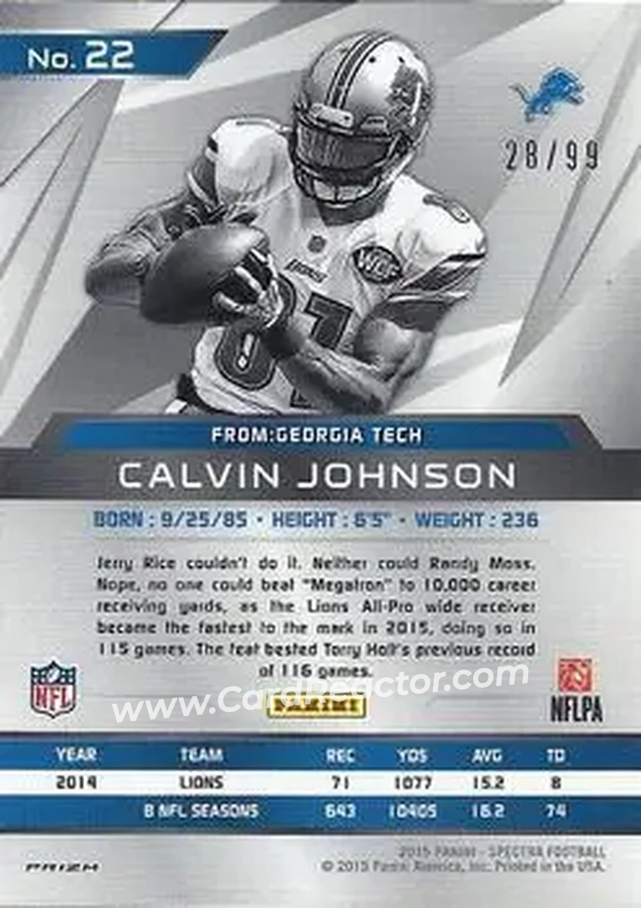 2015 Panini Spectra #22 - Calvin Johnson - Detroit Lions - Back