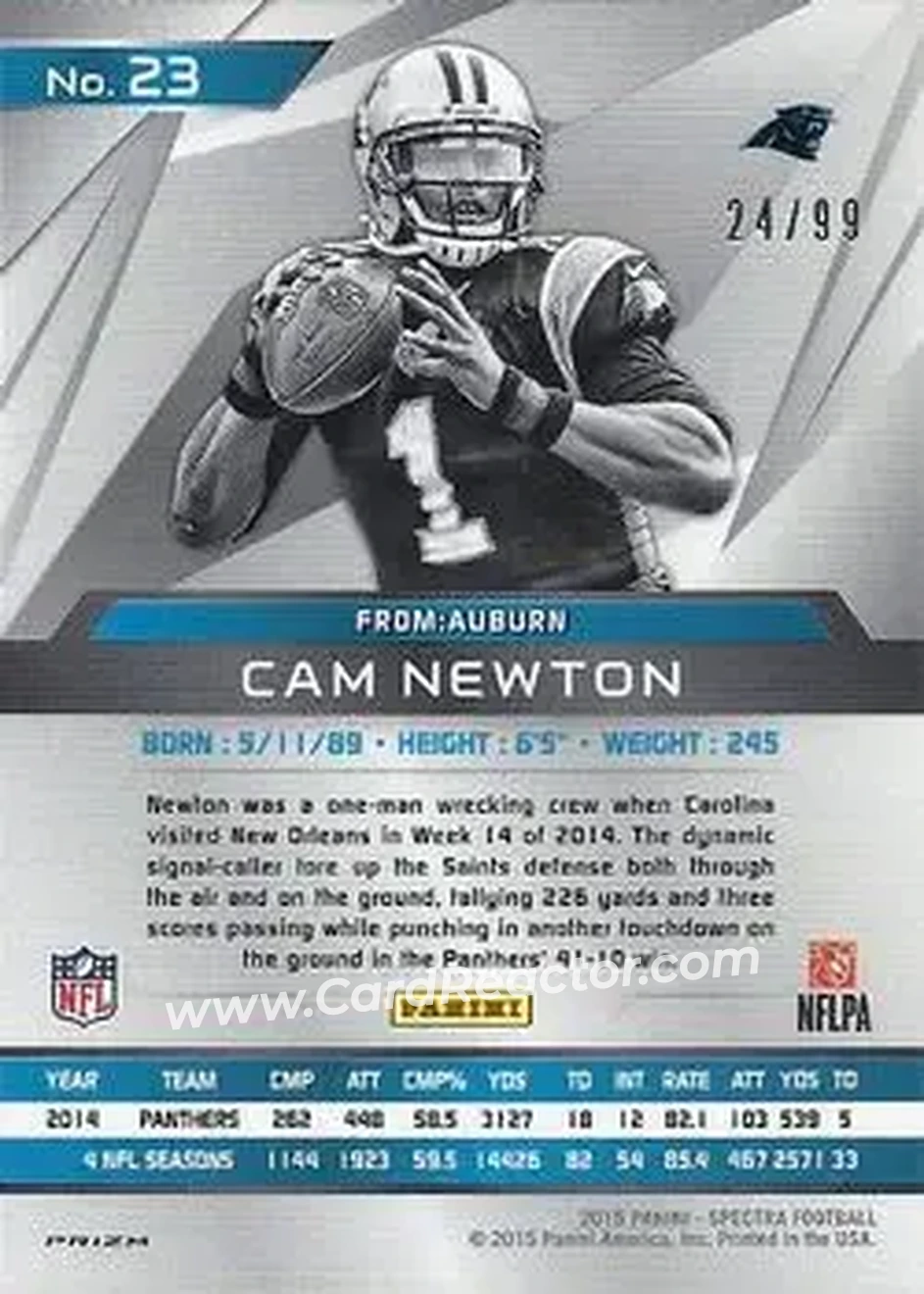 2015 Panini Spectra #23 - Cam Newton - Carolina Panthers - Back
