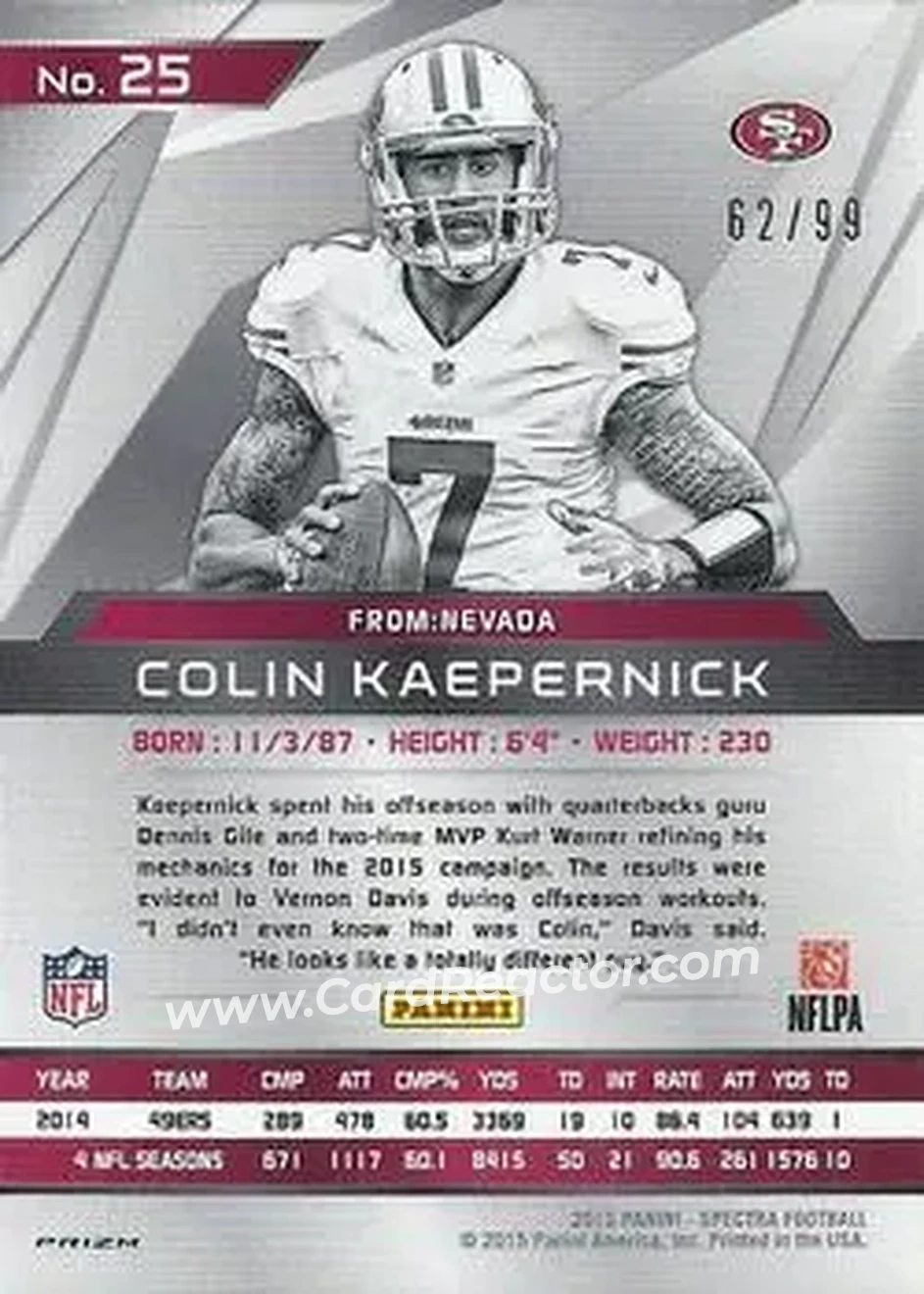 2015 Panini Spectra #25 - Colin Kaepernick - San Francisco 49ers - Back
