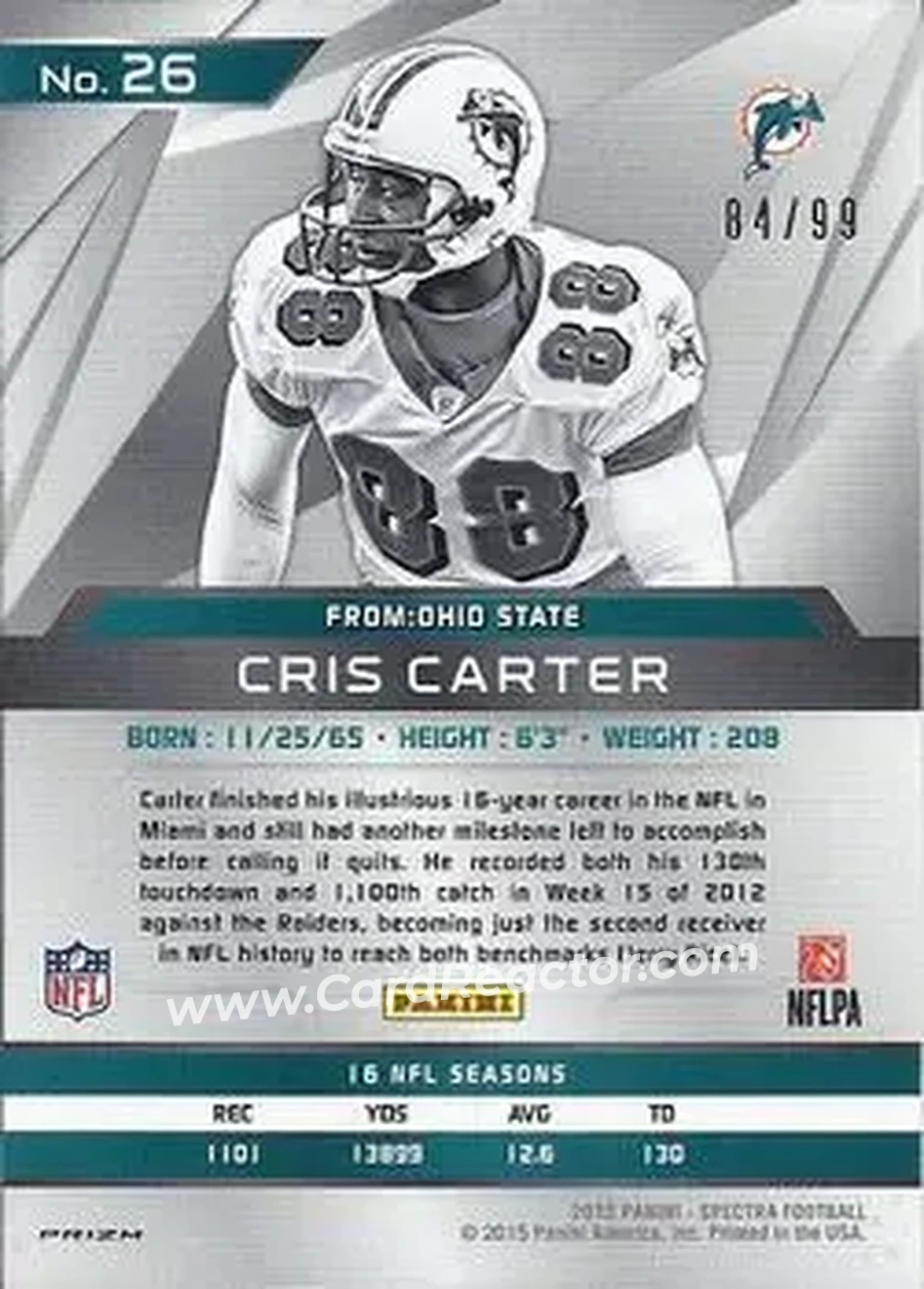 2015 Panini Spectra #26a - Cris Carter - Miami Dolphins - Back