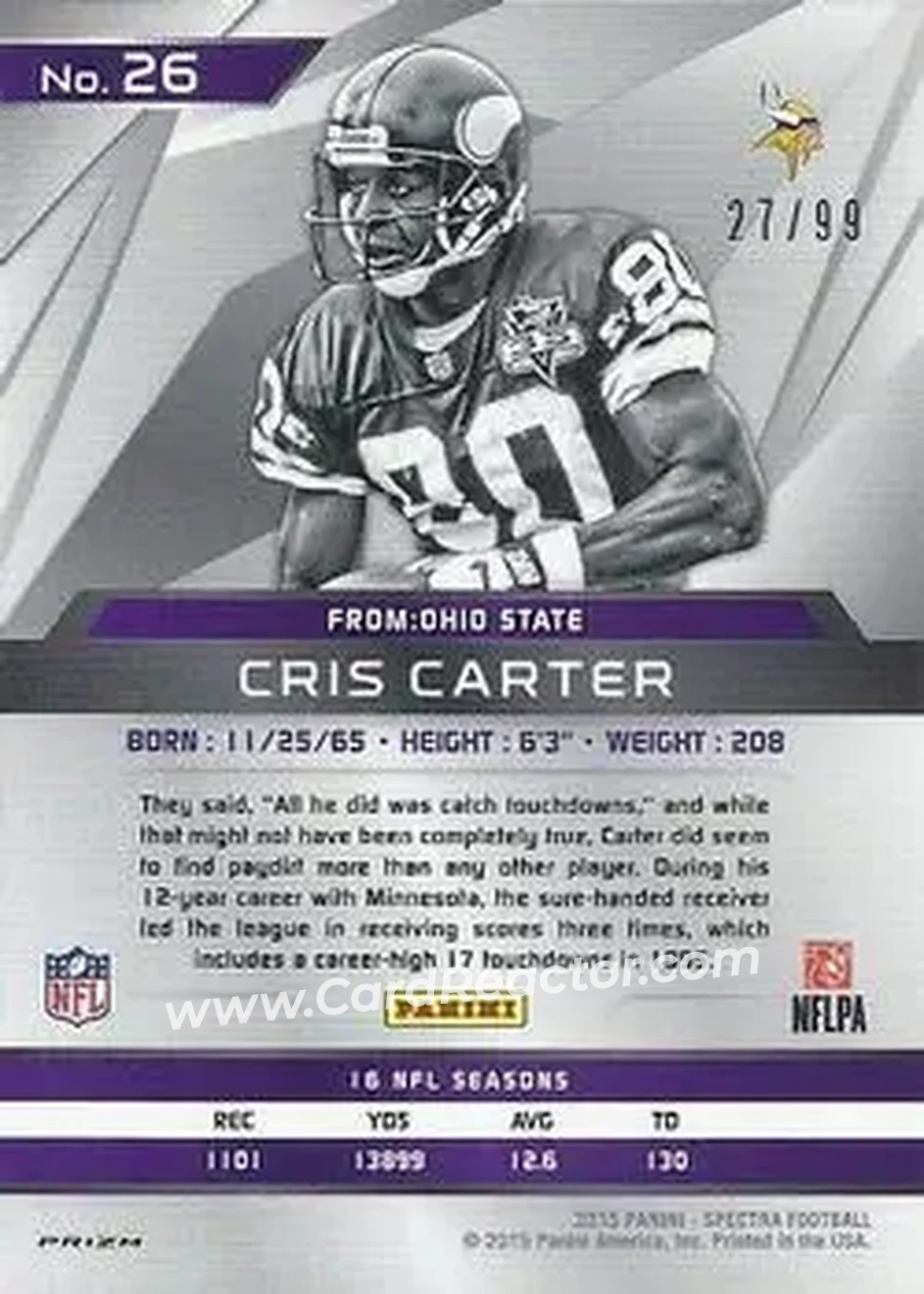 2015 Panini Spectra #26b - Cris Carter - Minnesota Vikings - Back
