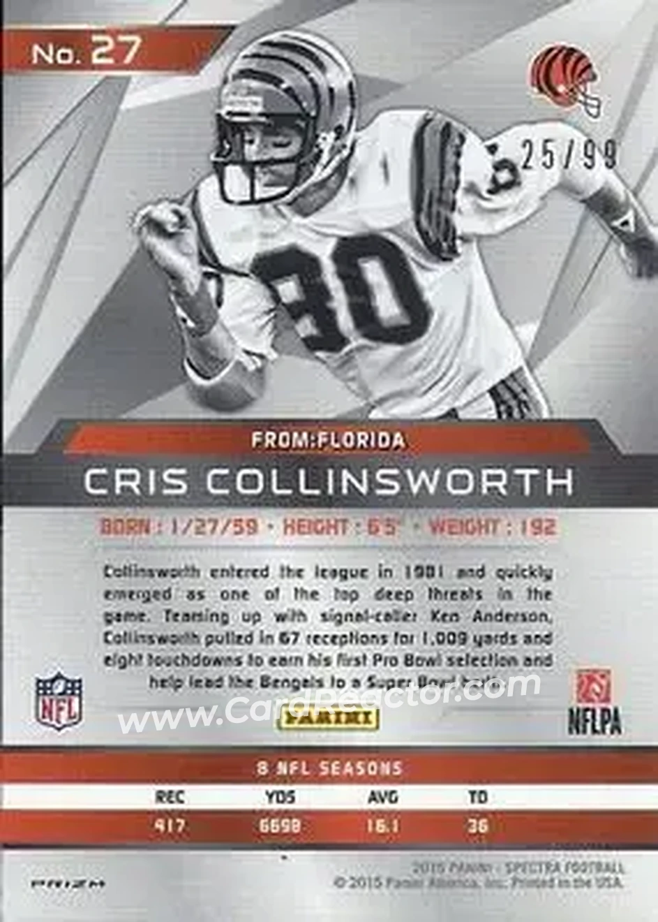 2015 Panini Spectra #27 - Cris Collinsworth - Cincinnati Bengals - Back