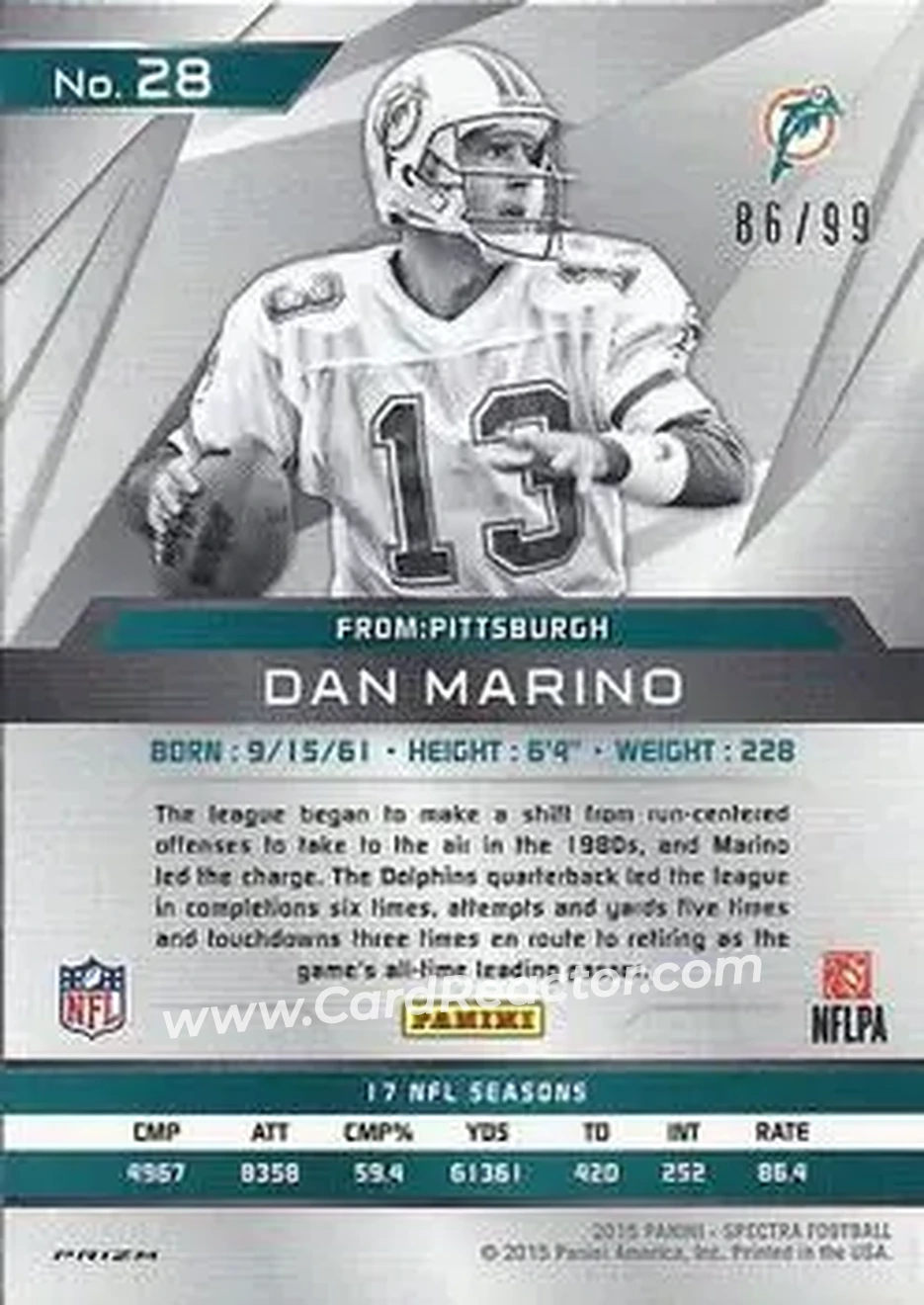 2015 Panini Spectra #28 - Dan Marino - Miami Dolphins - Back
