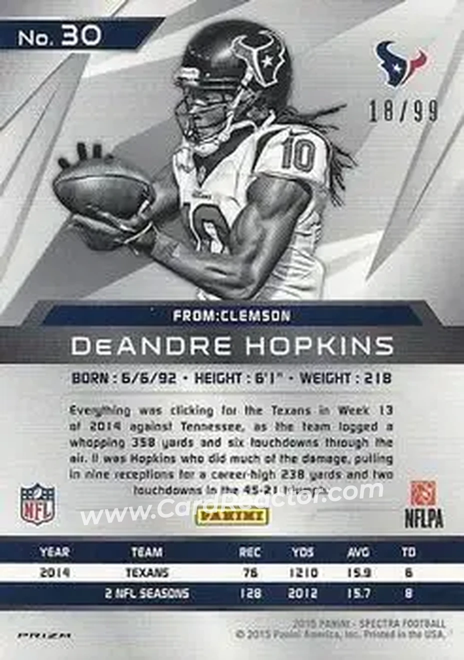 2015 Panini Spectra #30 - DeAndre Hopkins - Houston Texans - Back