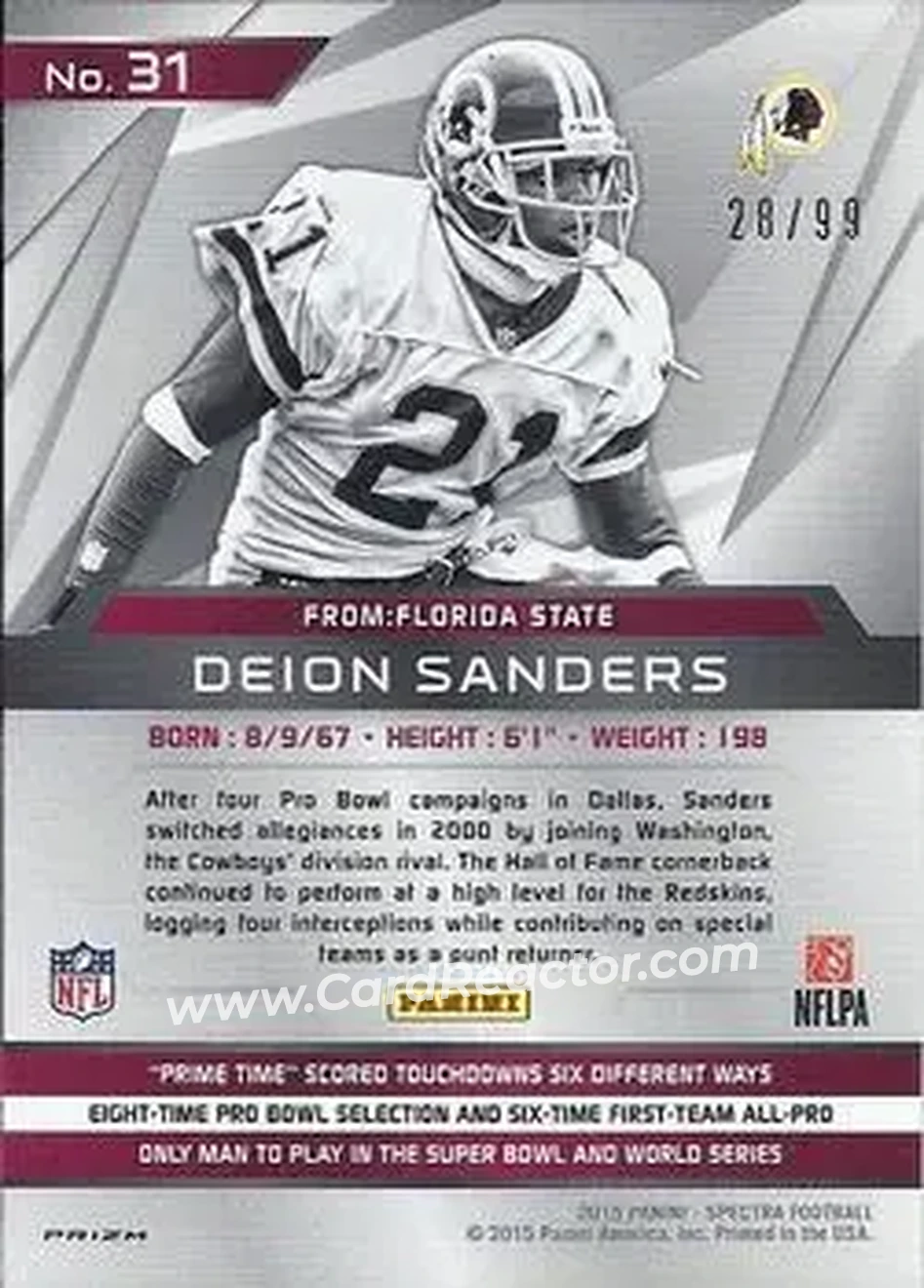 2015 Panini Spectra #31d - Deion Sanders - Washington Redskins - Back