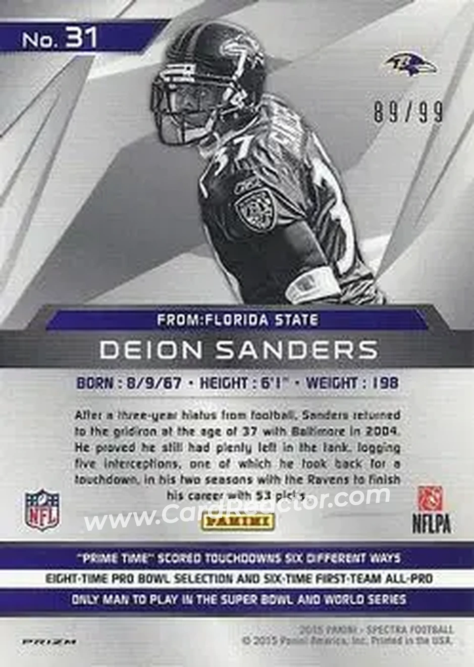 2015 Panini Spectra #31e - Deion Sanders - Baltimore Ravens - Back