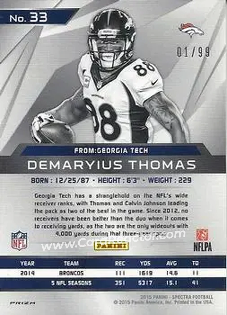 2015 Panini Spectra #33 - Demaryius Thomas - Denver Broncos - Back