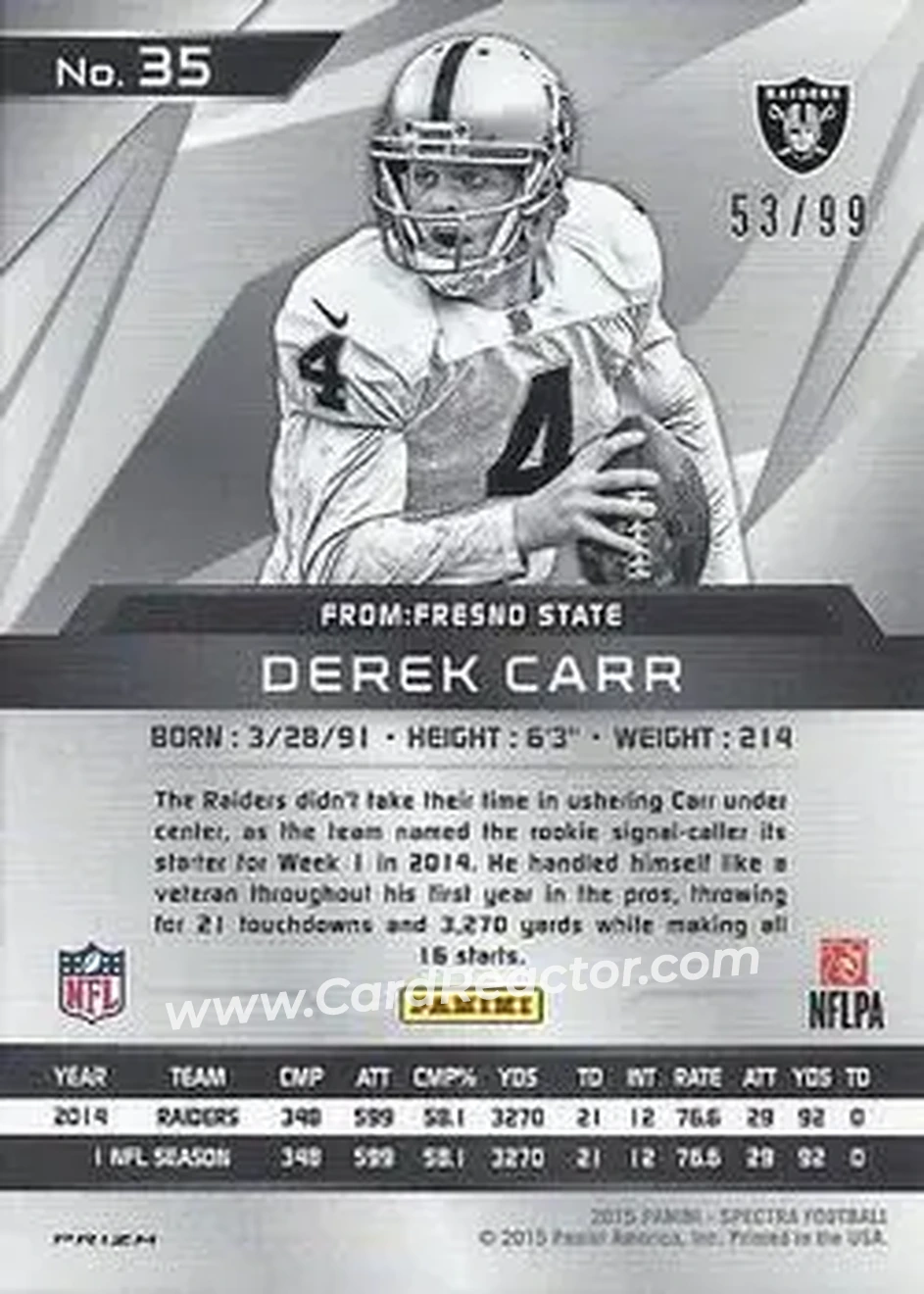 2015 Panini Spectra #35 - Derek Carr - Oakland Raiders - Back