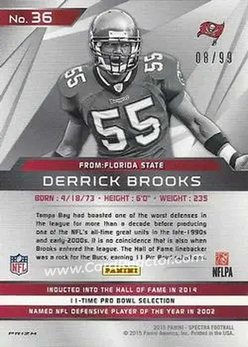 2015 Panini Spectra #36 - Derrick Brooks - Tampa Bay Buccaneers - Back