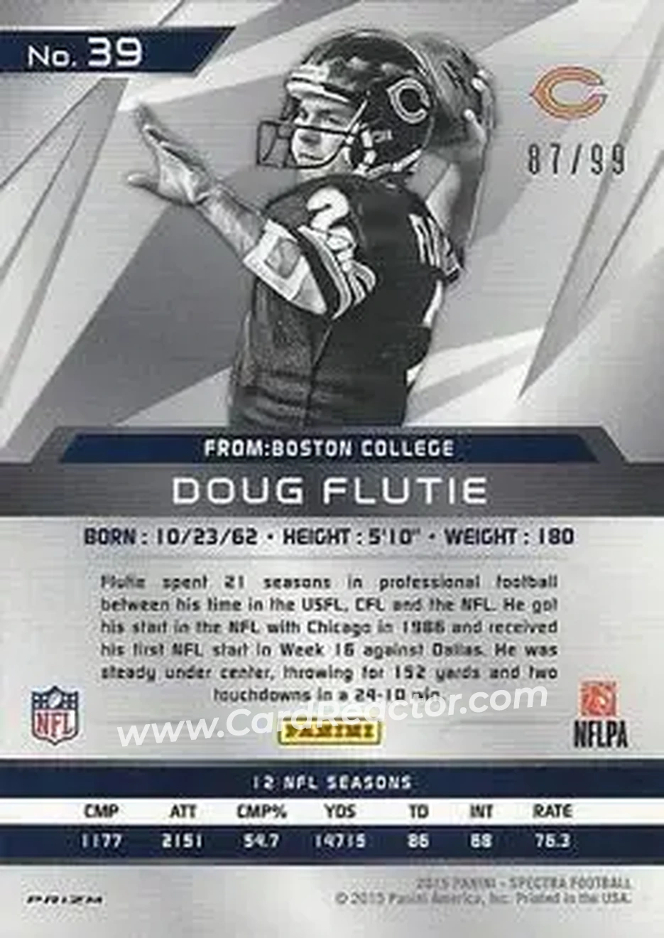 2015 Panini Spectra #39a - Doug Flutie - Chicago Bears - Back
