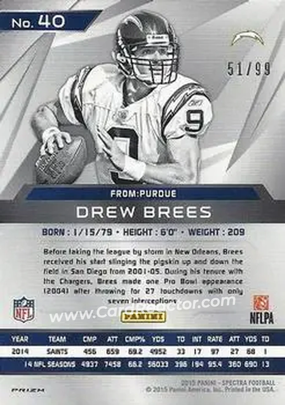 2015 Panini Spectra #40a - Drew Brees - San Diego Chargers - Back