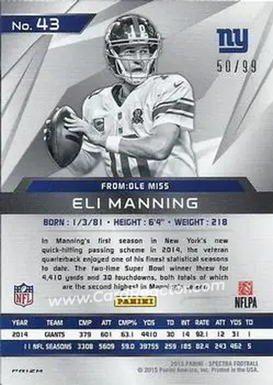 2015 Panini Spectra #43 - Eli Manning - New York Giants - Back