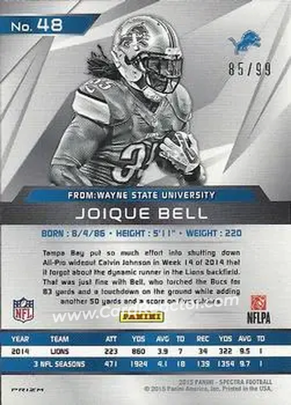 2015 Panini Spectra #48 - Joique Bell - Detroit Lions - Back