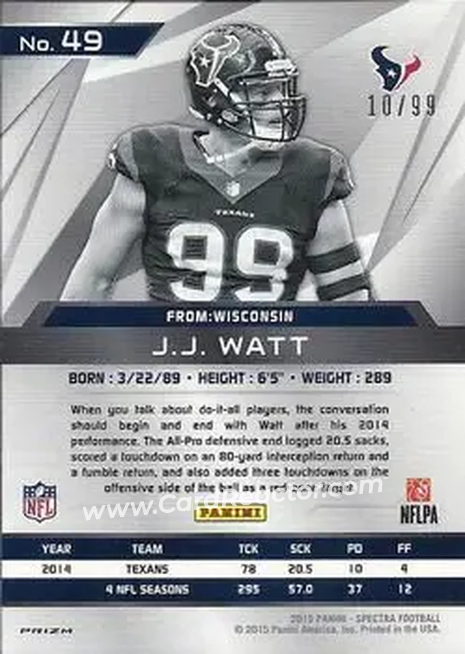 2015 Panini Spectra #49 - J.J. Watt - Houston Texans - Back