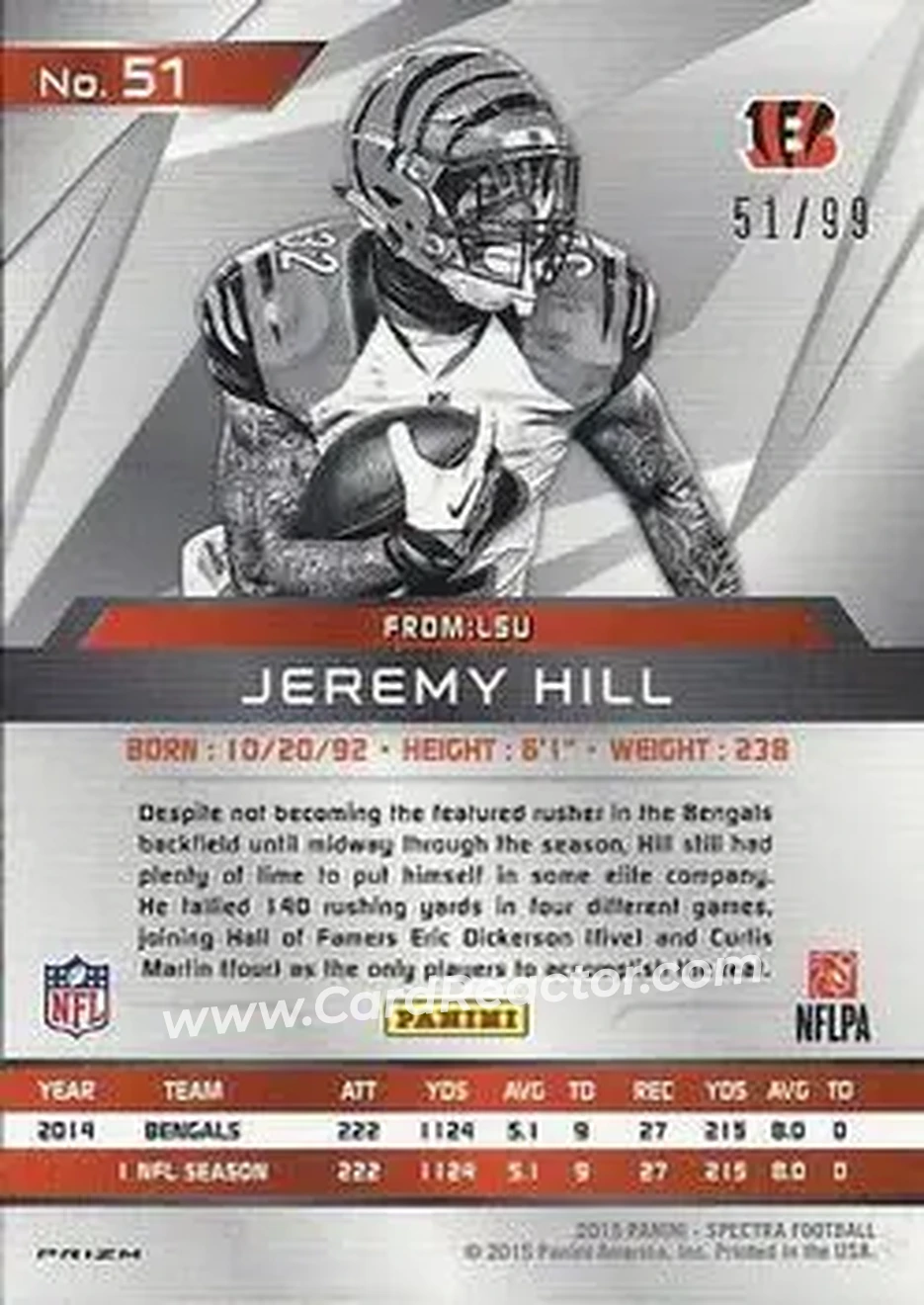 2015 Panini Spectra #51 - Jeremy Hill - Cincinnati Bengals - Back