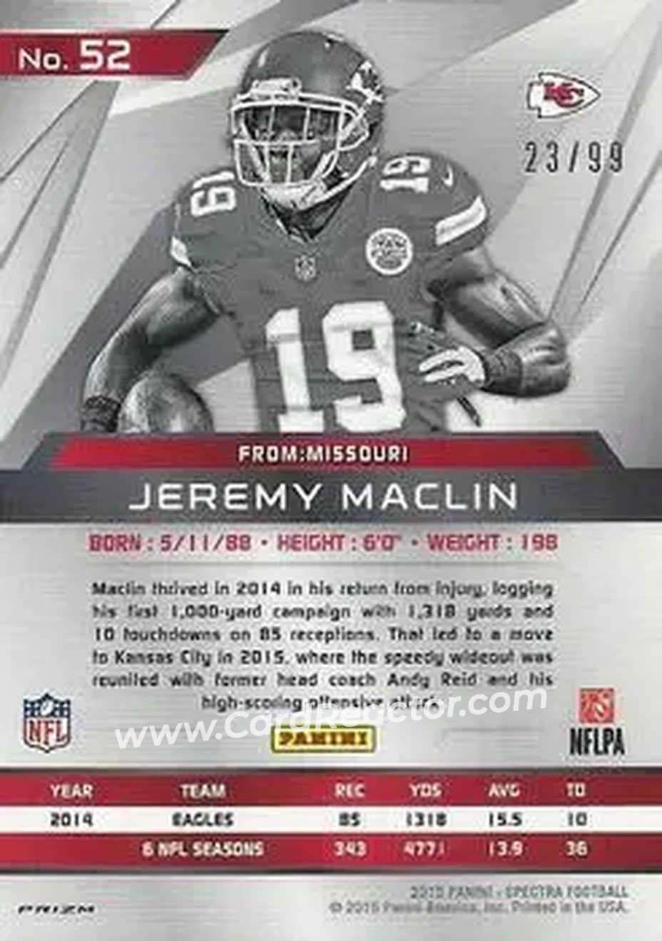2015 Panini Spectra #52 - Jeremy Maclin - Kansas City Chiefs - Back