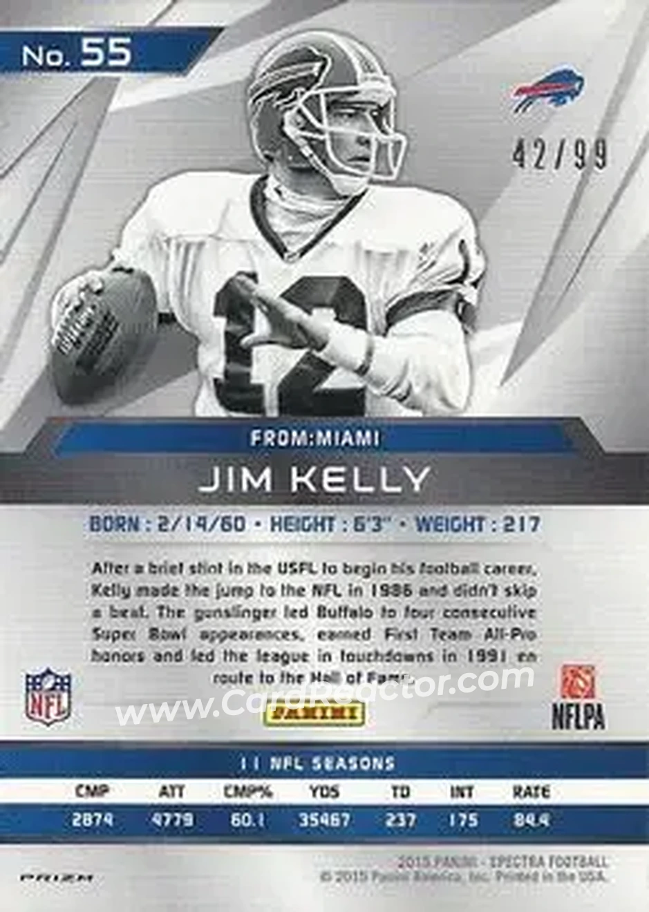 2015 Panini Spectra #55 - Jim Kelly - Buffalo Bills - Back