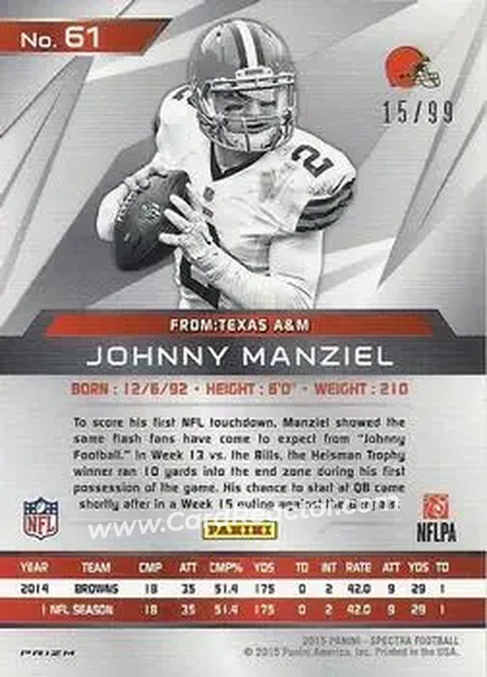 2015 Panini Spectra #61 - Johnny Manziel - Cleveland Browns - Back