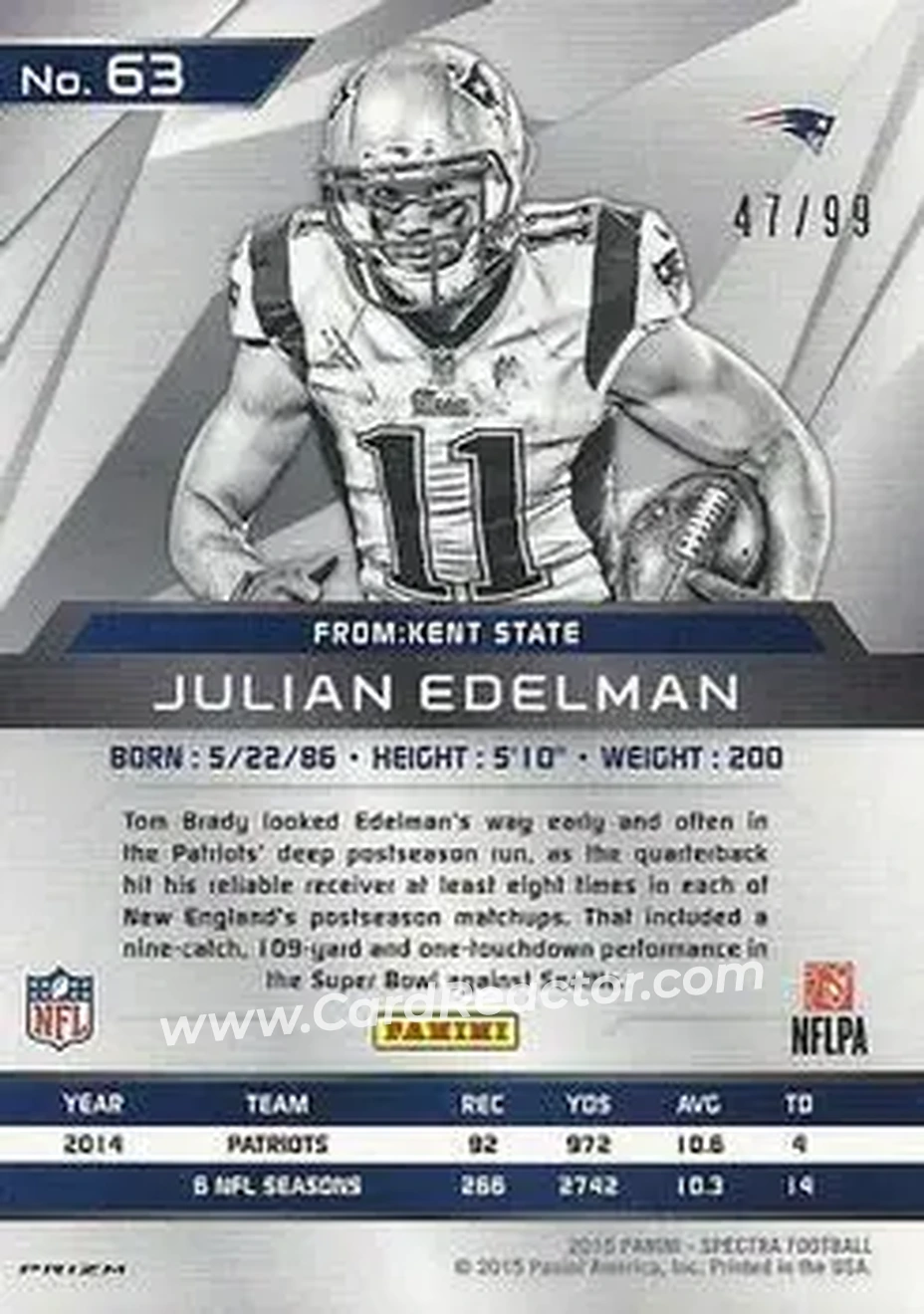 2015 Panini Spectra #63 - Julian Edelman - New England Patriots - Back