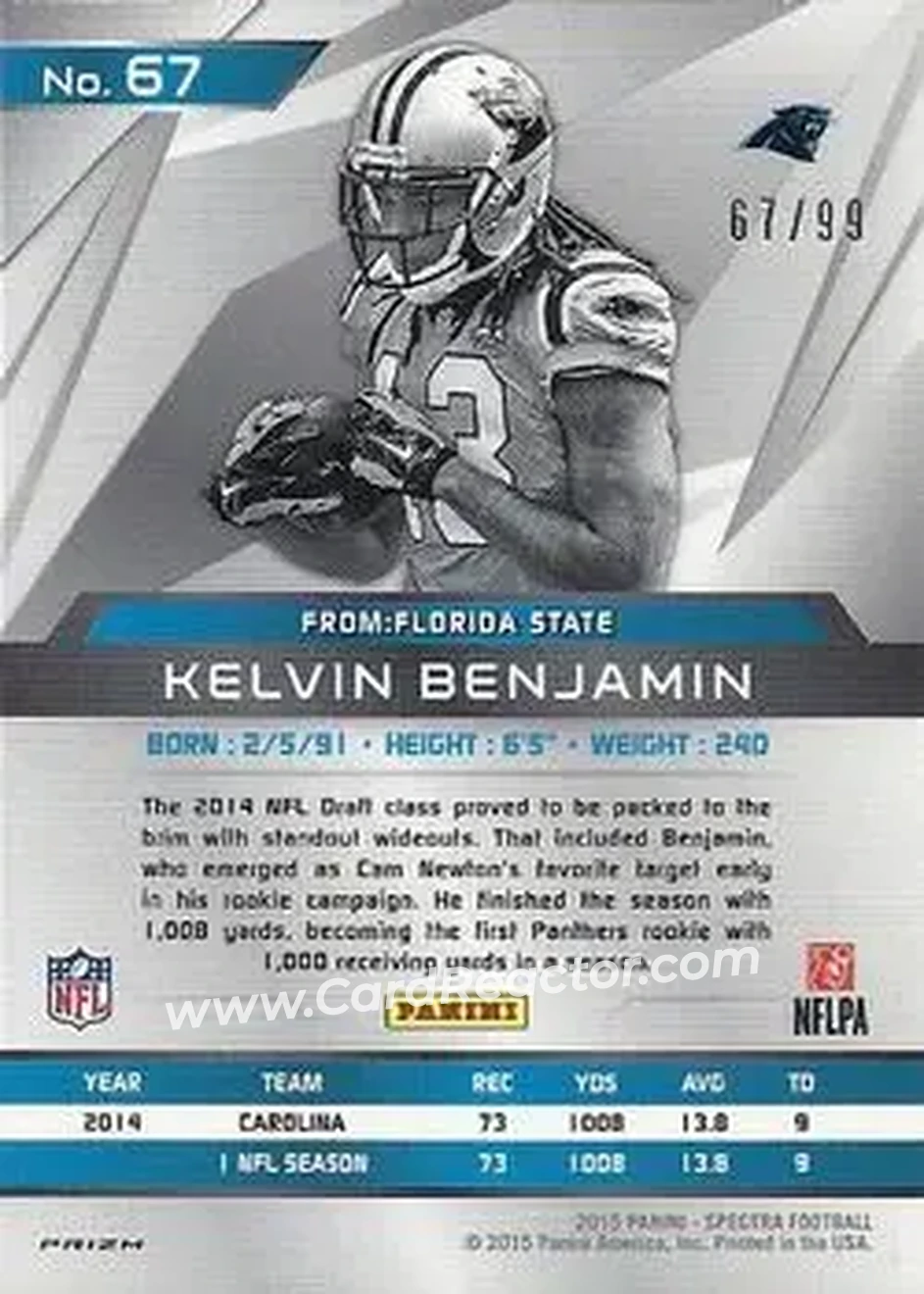 2015 Panini Spectra #67 - Kelvin Benjamin - Carolina Panthers - Back