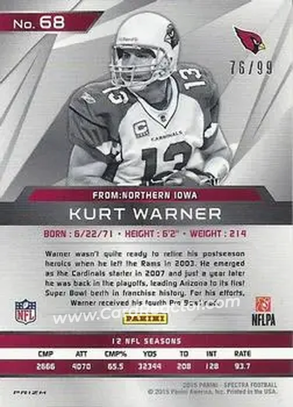 2015 Panini Spectra #68a - Kurt Warner - Arizona Cardinals - Back