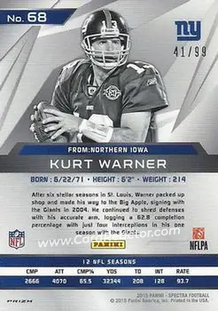 2015 Panini Spectra #68b - Kurt Warner - New York Giants - Back