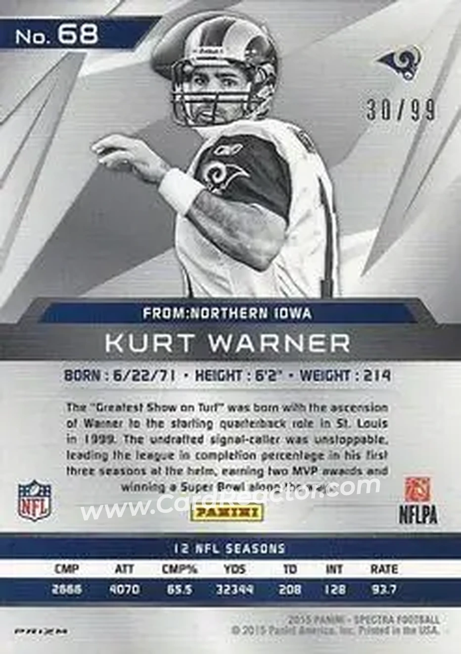 2015 Panini Spectra #68c - Kurt Warner - St. Louis Rams - Back