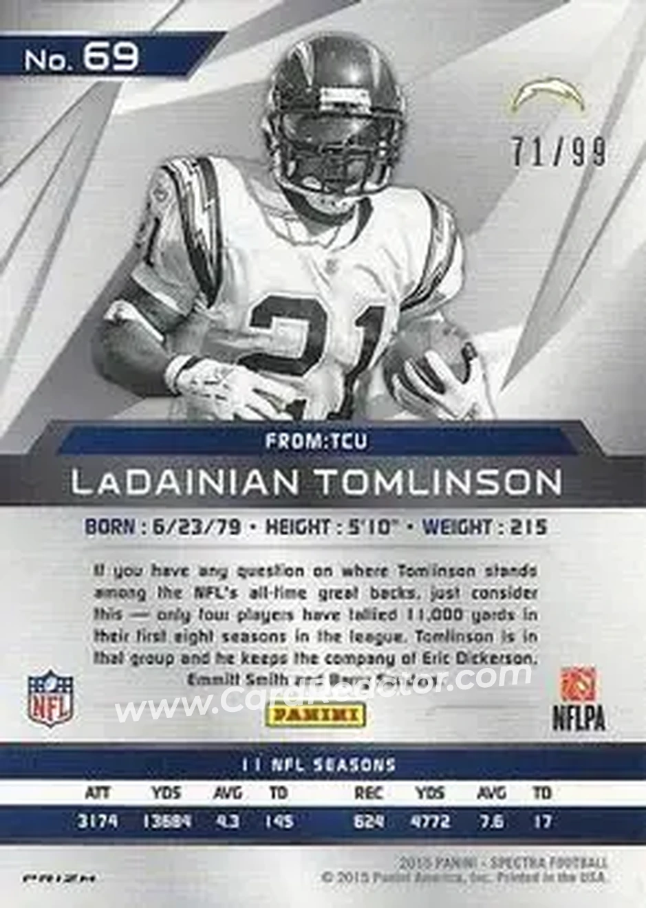 2015 Panini Spectra #69a - LaDainian Tomlinson - San Diego Chargers - Back 2015 Panini Spectra #69a - LaDainian Tomlinson - San Diego Chargers - Back