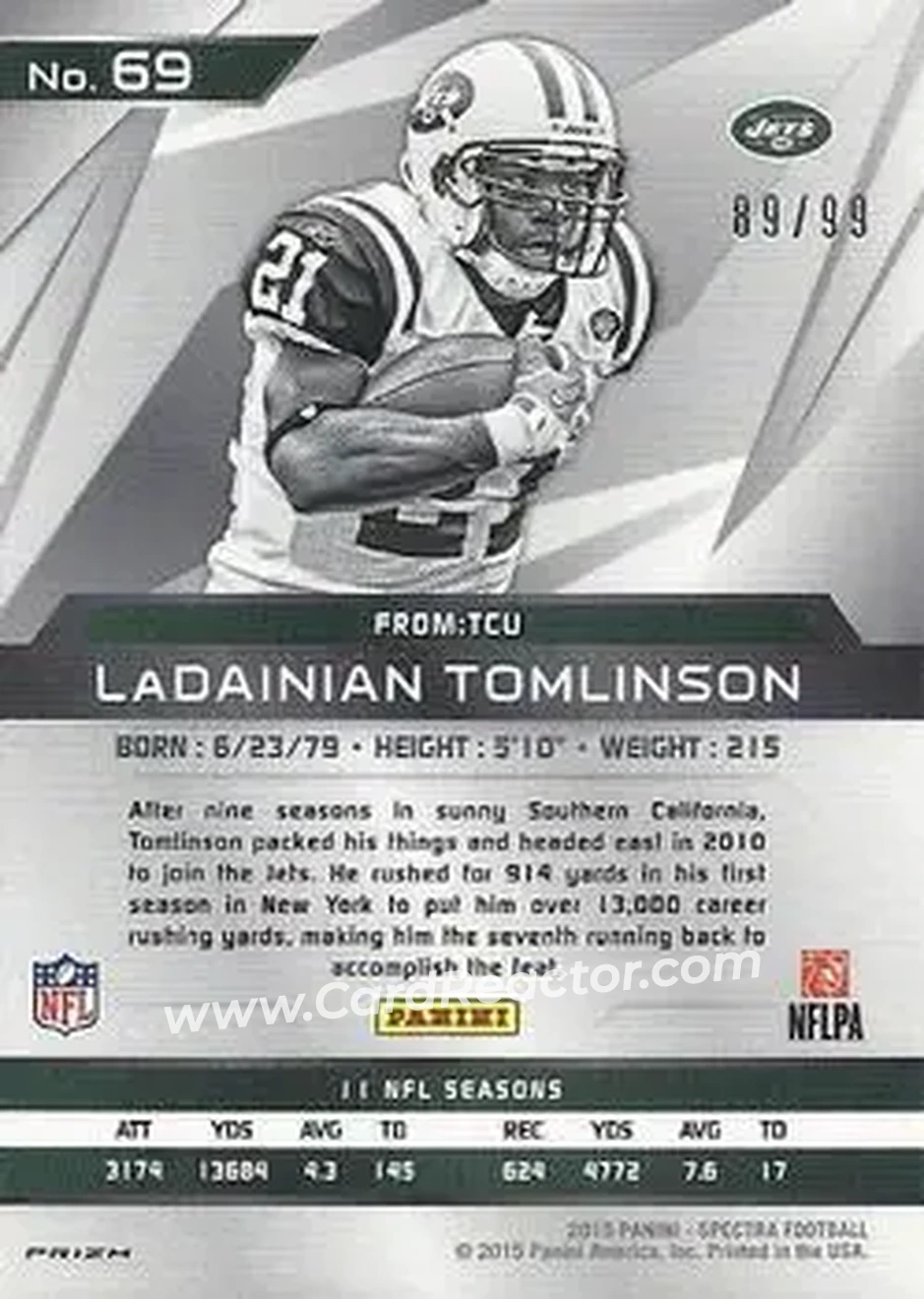 2015 Panini Spectra #69b - LaDainian Tomlinson - New York Jets - Back 2015 Panini Spectra #69b - LaDainian Tomlinson - New York Jets - Back