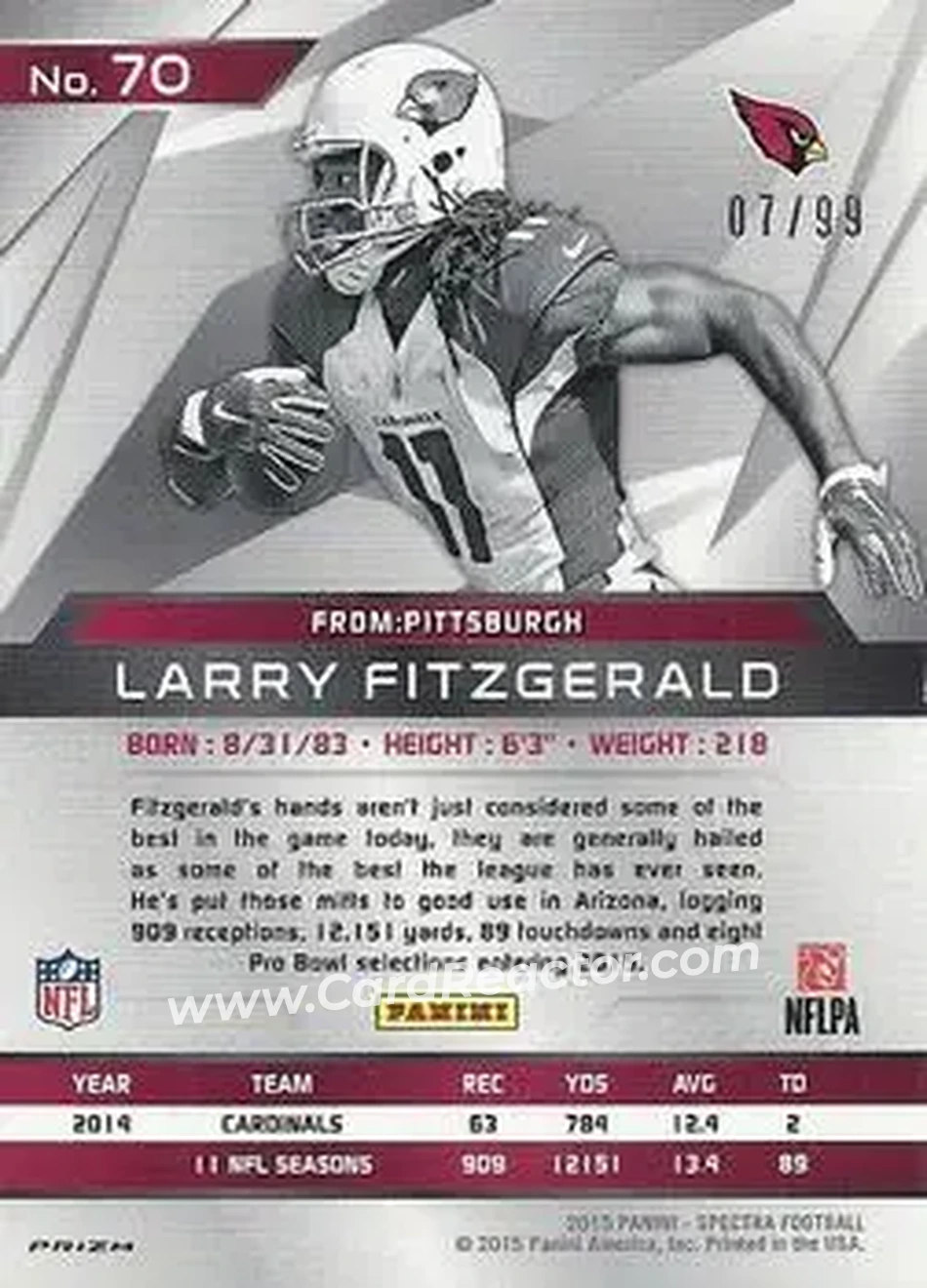 2015 Panini Spectra #70 - Larry Fitzgerald - Arizona Cardinals - Back