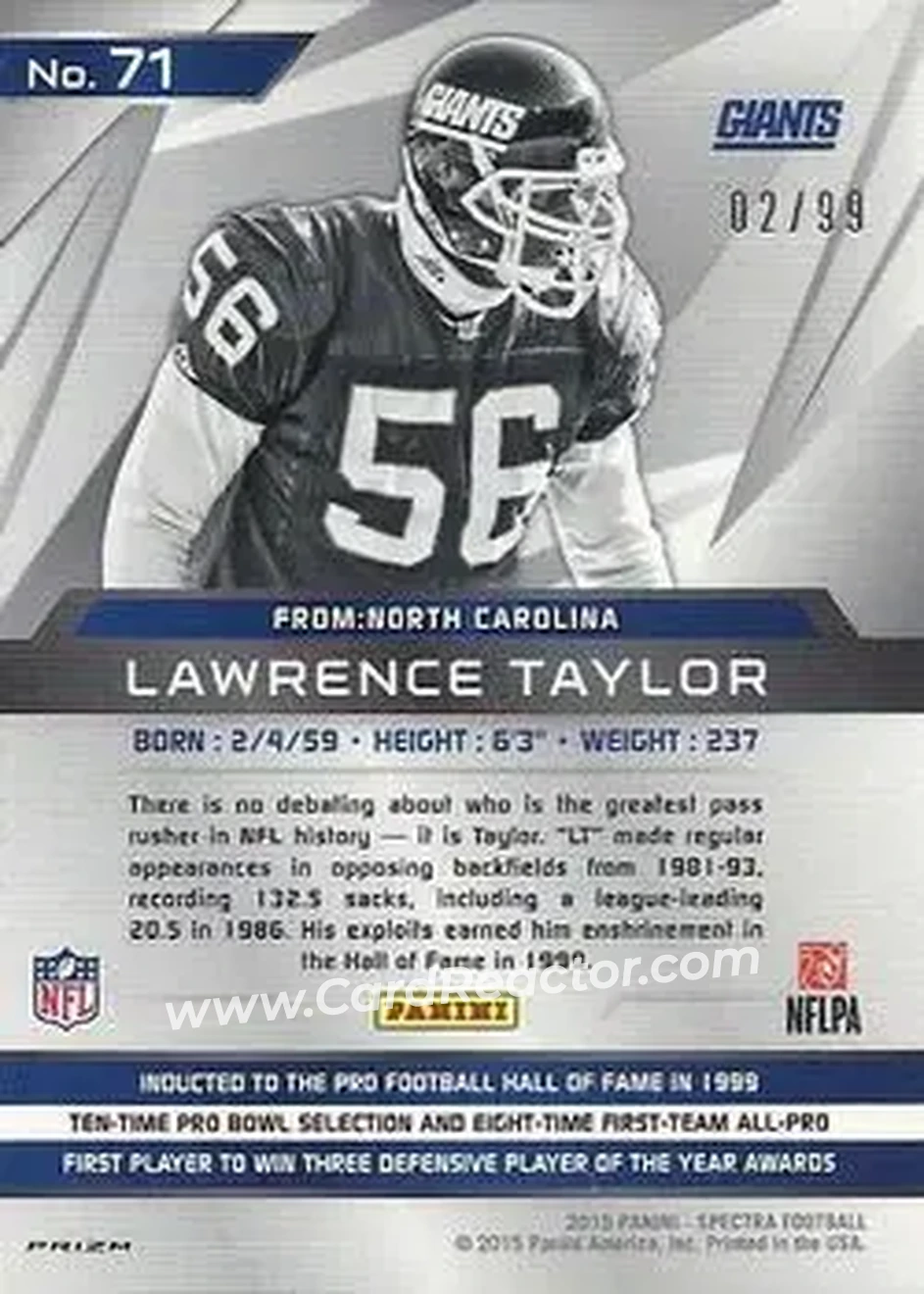 2015 Panini Spectra #71 - Lawrence Taylor - New York Giants - Back