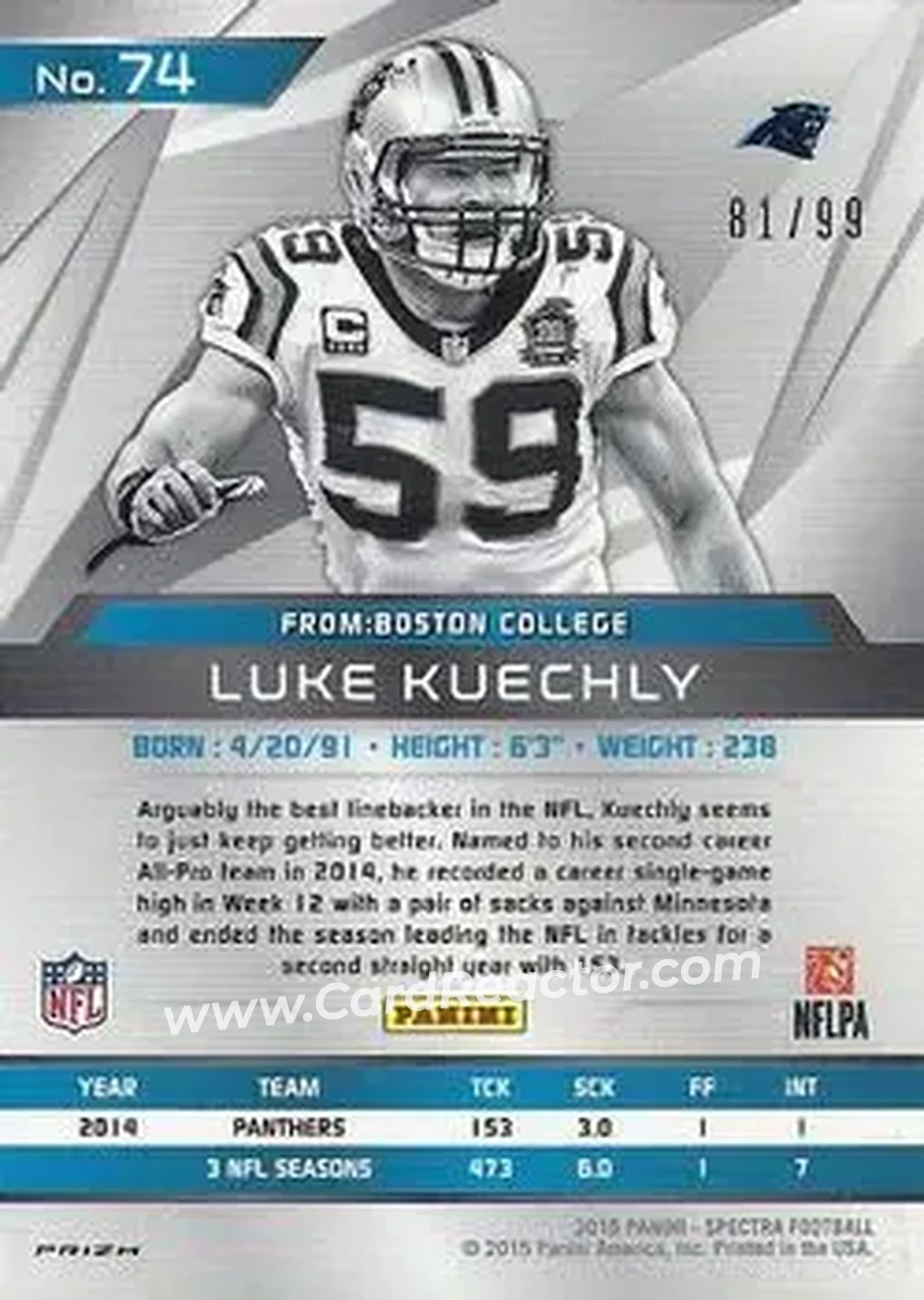 2015 Panini Spectra #74 - Luke Kuechly - Carolina Panthers - Back