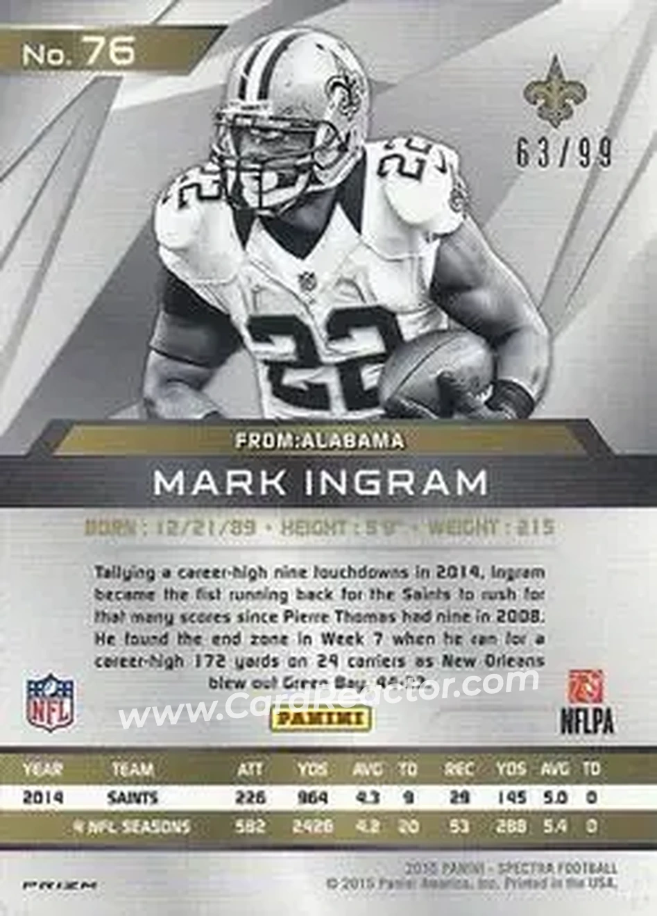 2015 Panini Spectra #76 - Mark Ingram II - New Orleans Saints - Back