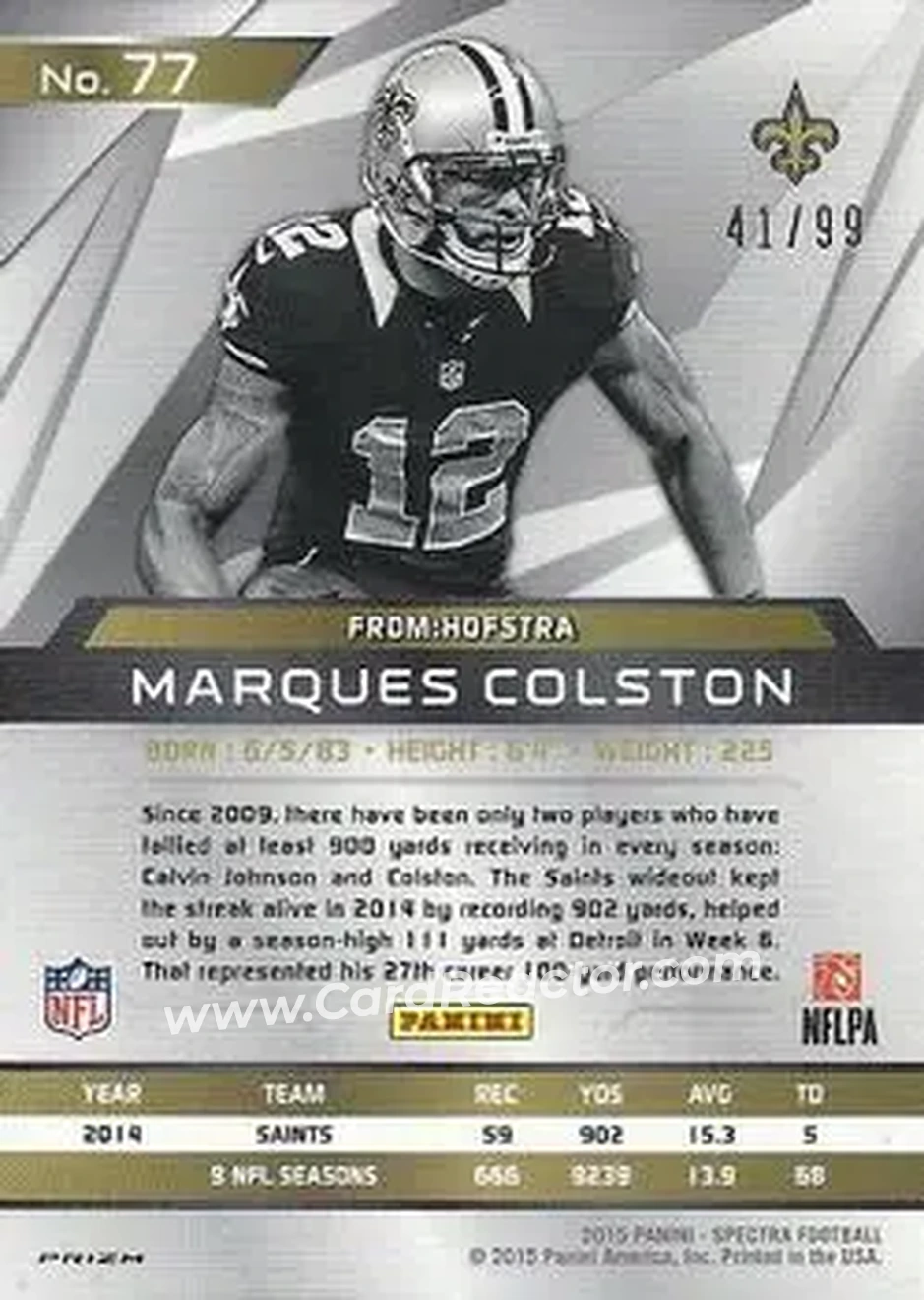 2015 Panini Spectra #77 - Marques Colston - New Orleans Saints - Back