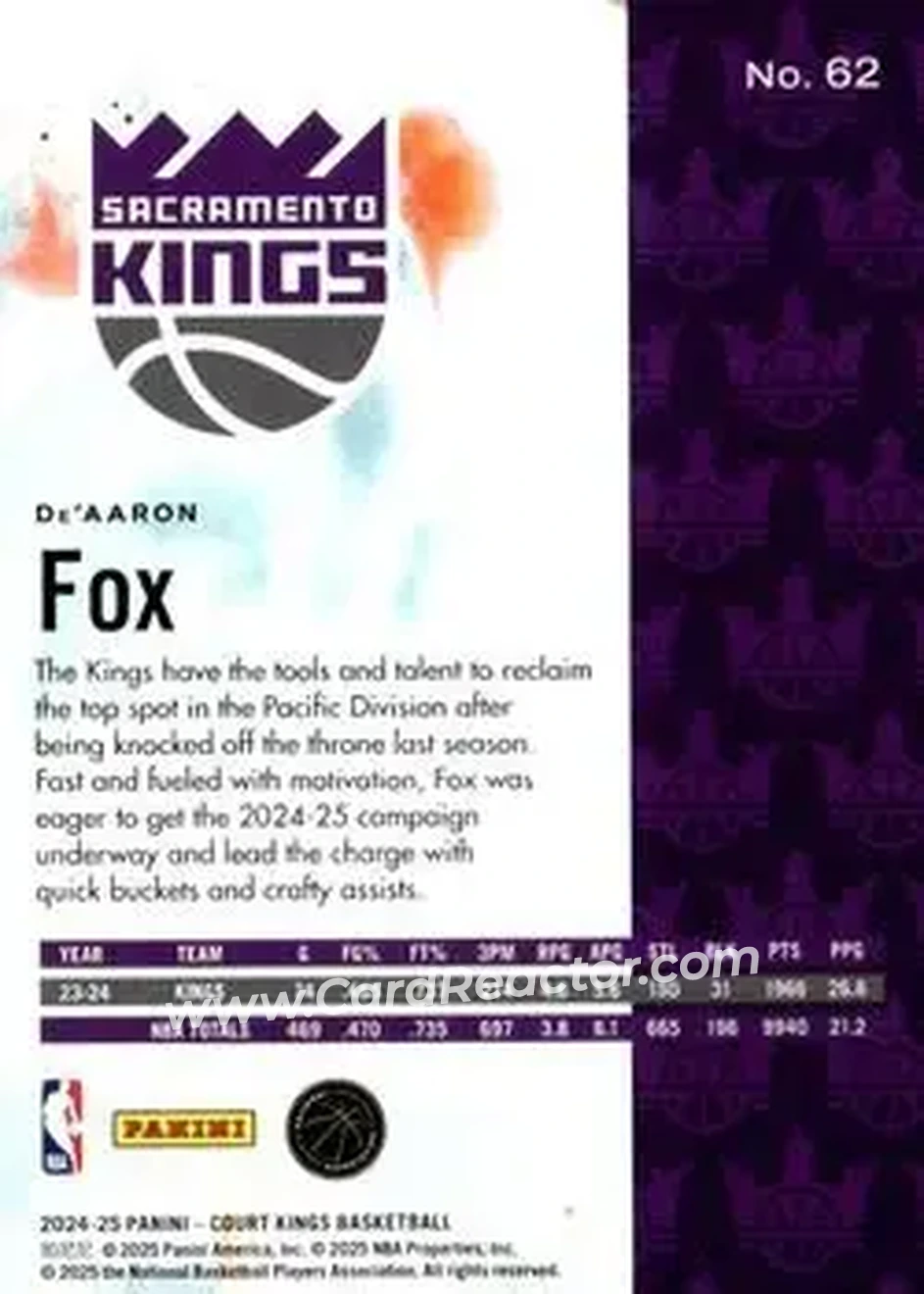 2024-25 Panini Court Kings #62 - De'Aaron Fox - Sacramento Kings - Back